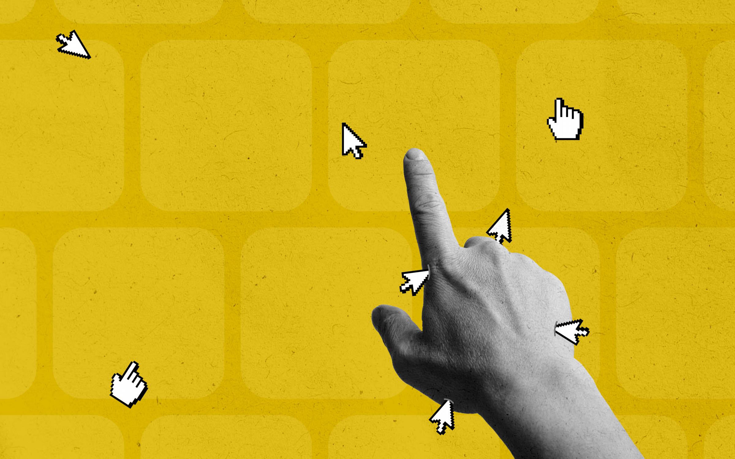 A black-and-white hand with one finger pointing upward against a bold yellow background filled with a grid of rounded squares, surrounded by multiple white pixel-style cursor icons—both arrow cursors and hand/pointer cursors—suggesting the competitive landscape of digital click-through and paid search advertising.