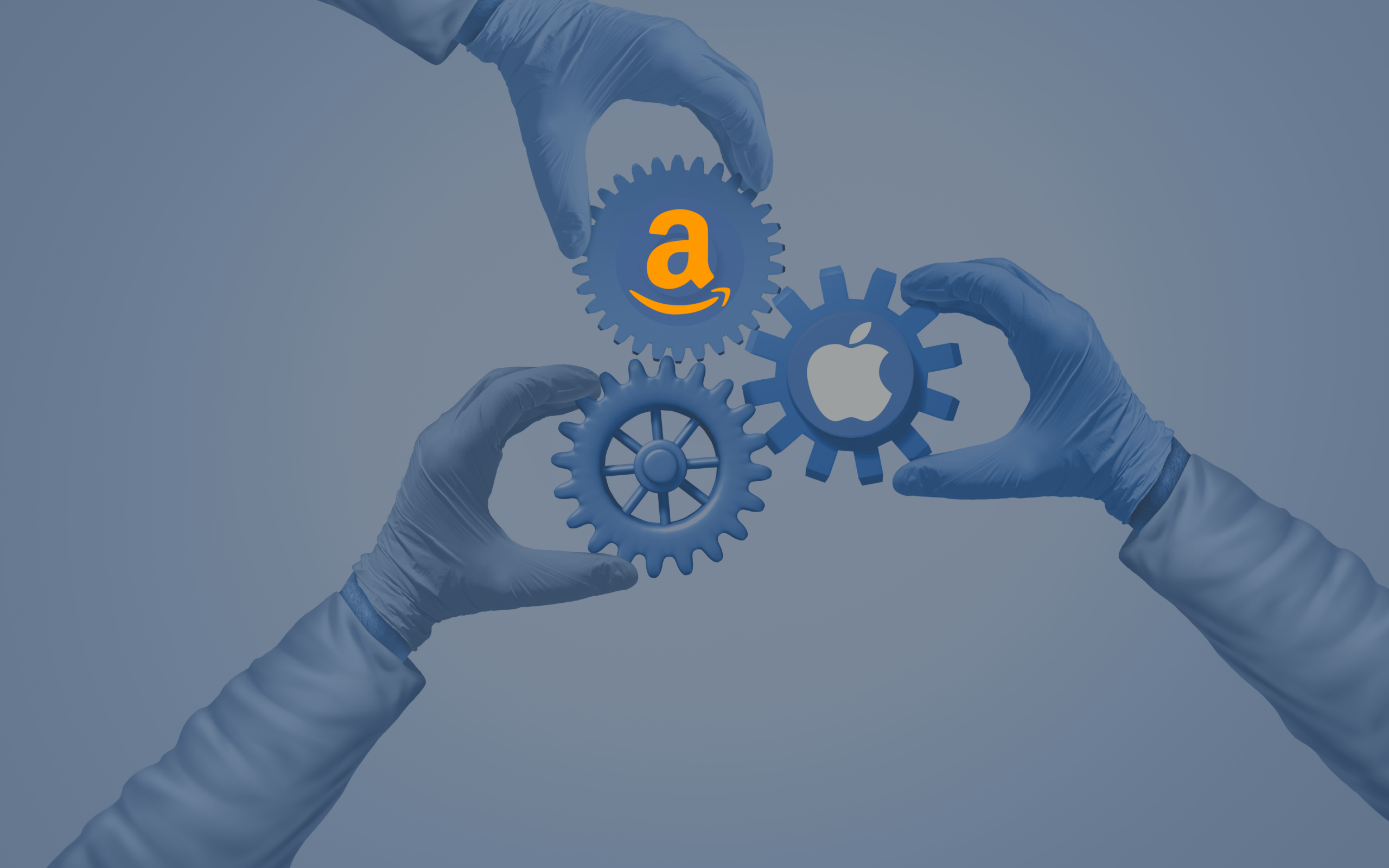 Three healthcare workers' hands each holding a gear. The Apple and Amazon logos are in two of the gears. Represents competition and collaboration between Big Tech and healthcare.