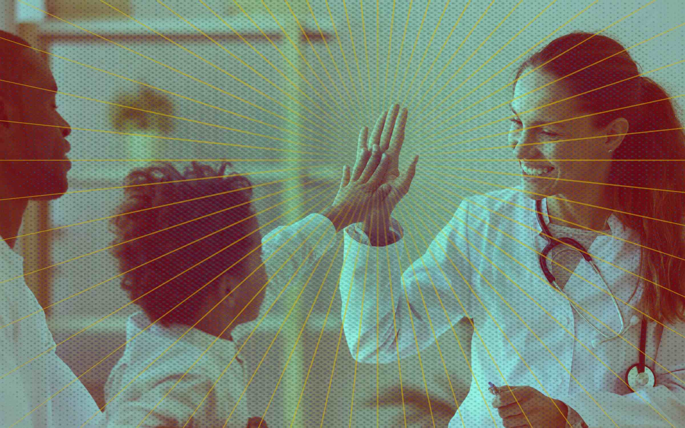 A doctor wearing a white coat and stethoscope gives a high-five to a child in a white coat, while another adult looks on. Radiating yellow lines overlay the scene, showing healthcare through encouragement, teamwork, and positive clinical interaction.