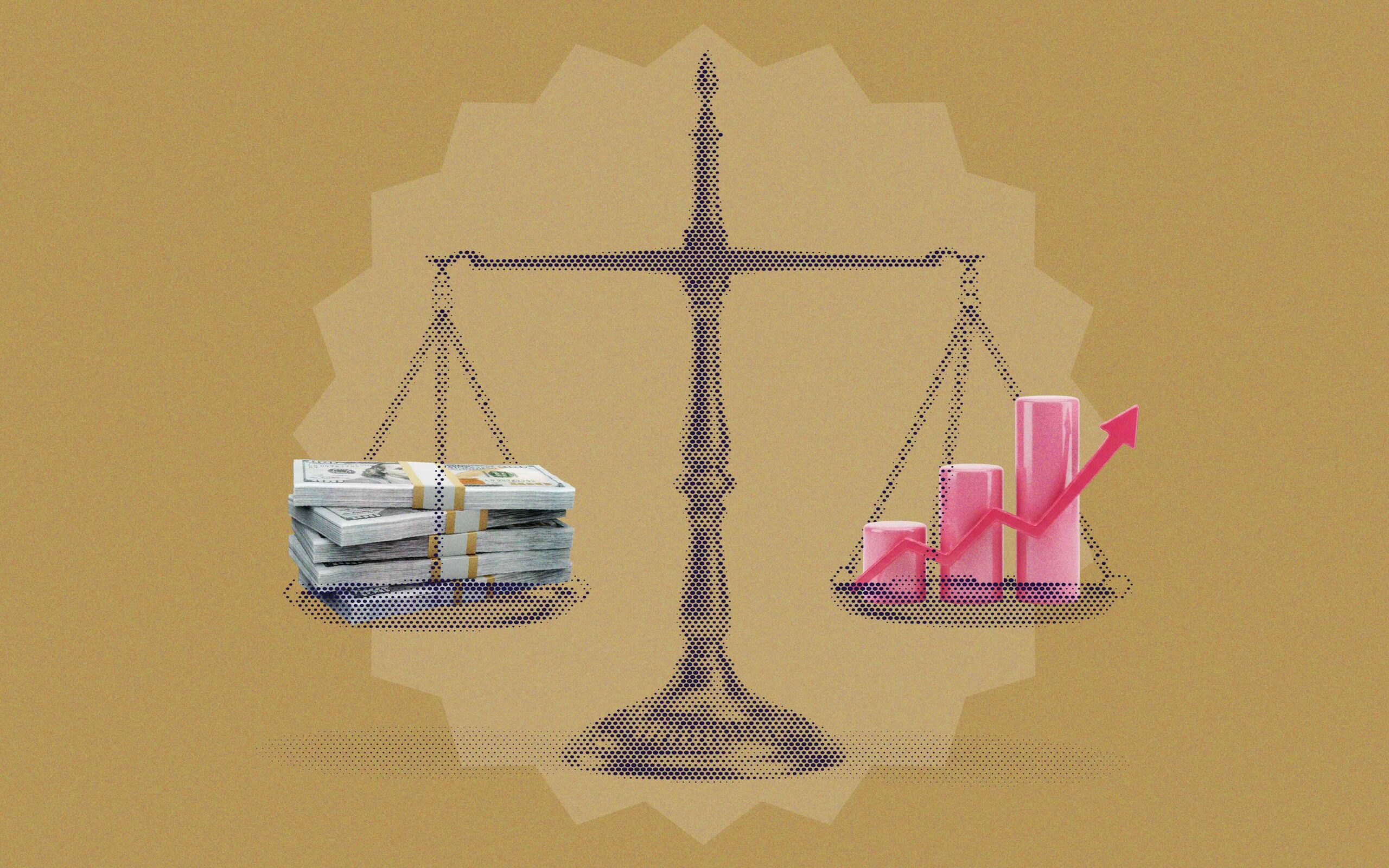 Illustration of a balance scale comparing two marketing priorities: a stack of cash on one side and a pink growth chart with an upward arrow on the other. The image represents CMOs weighing short-term revenue growth against long-term brand equity and sustainable business growth.