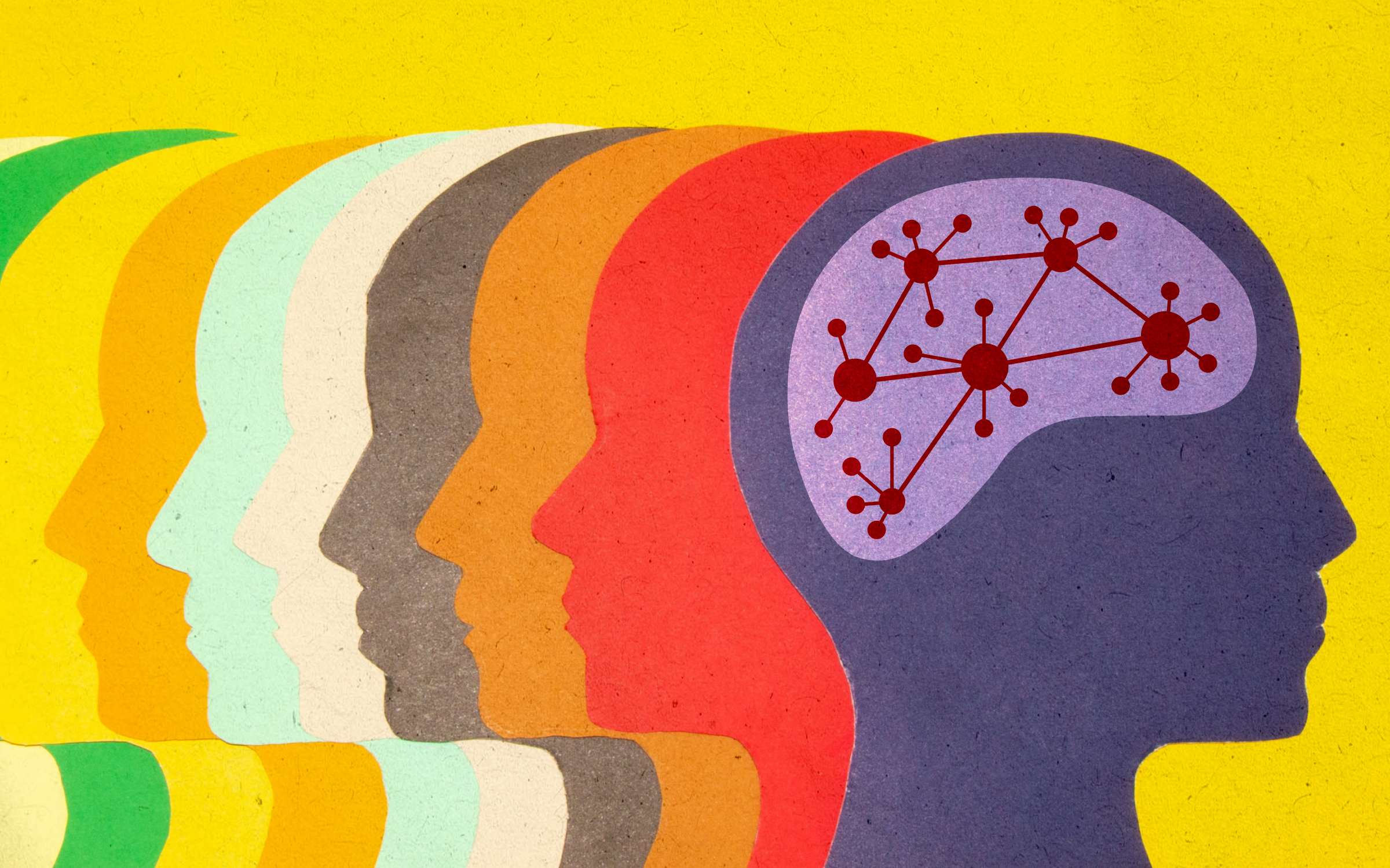 Overlapping human head silhouettes in varied colors are arranged in a row, with the foremost head showing a brain filled with interconnected red nodes and lines. The image shows neuro-inclusion through themes of diverse cognition, neural connections, and collective thinking in inclusive environments.