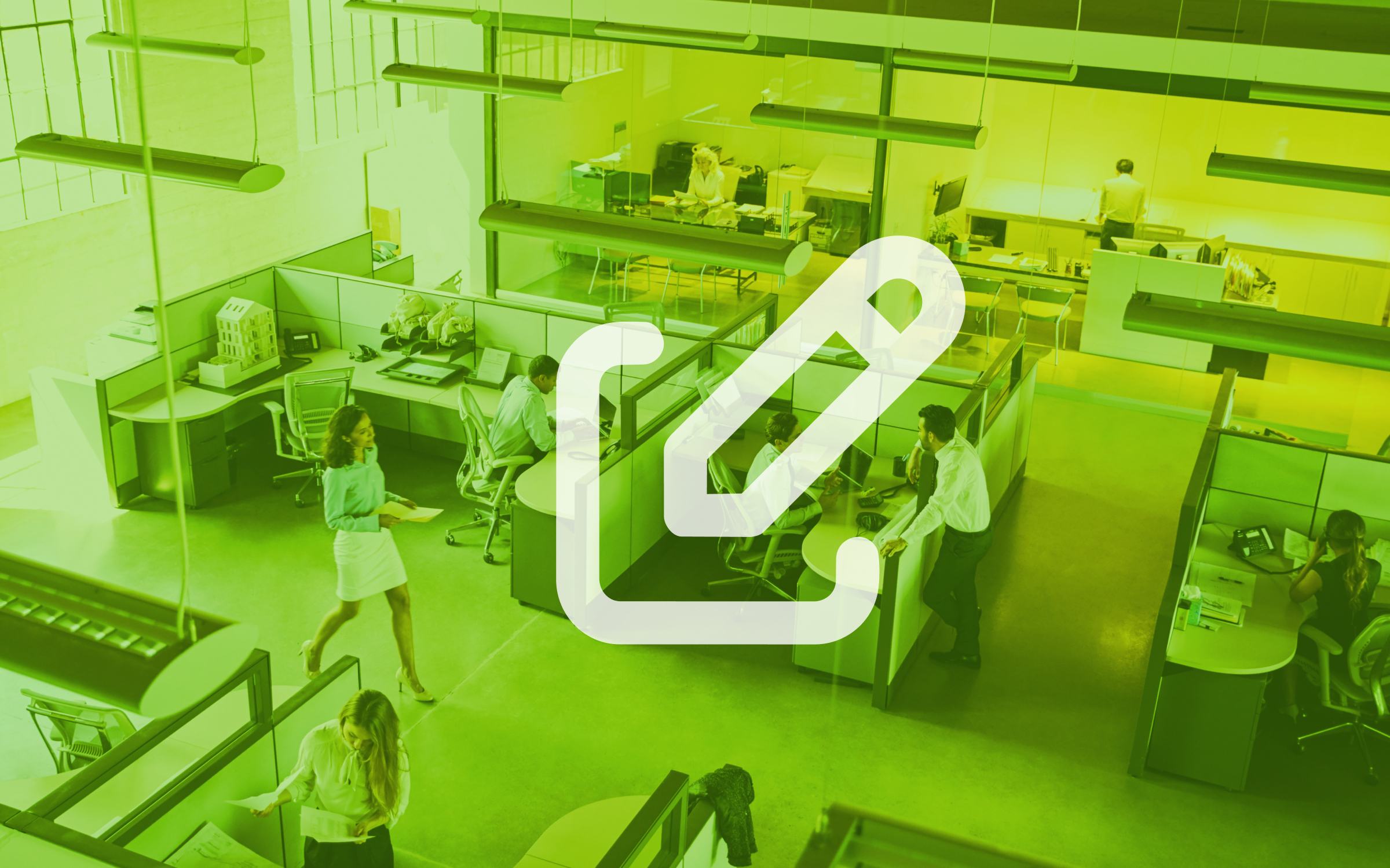A modern office with cubicles and workers is overlaid by a large translucent pencil icon, symbolizing creativity and fresh design. The image shows redesign work from scratch with no legacy constraints through themes of reimagining structures, fostering innovation, and building new organizational models free from inherited limitations.