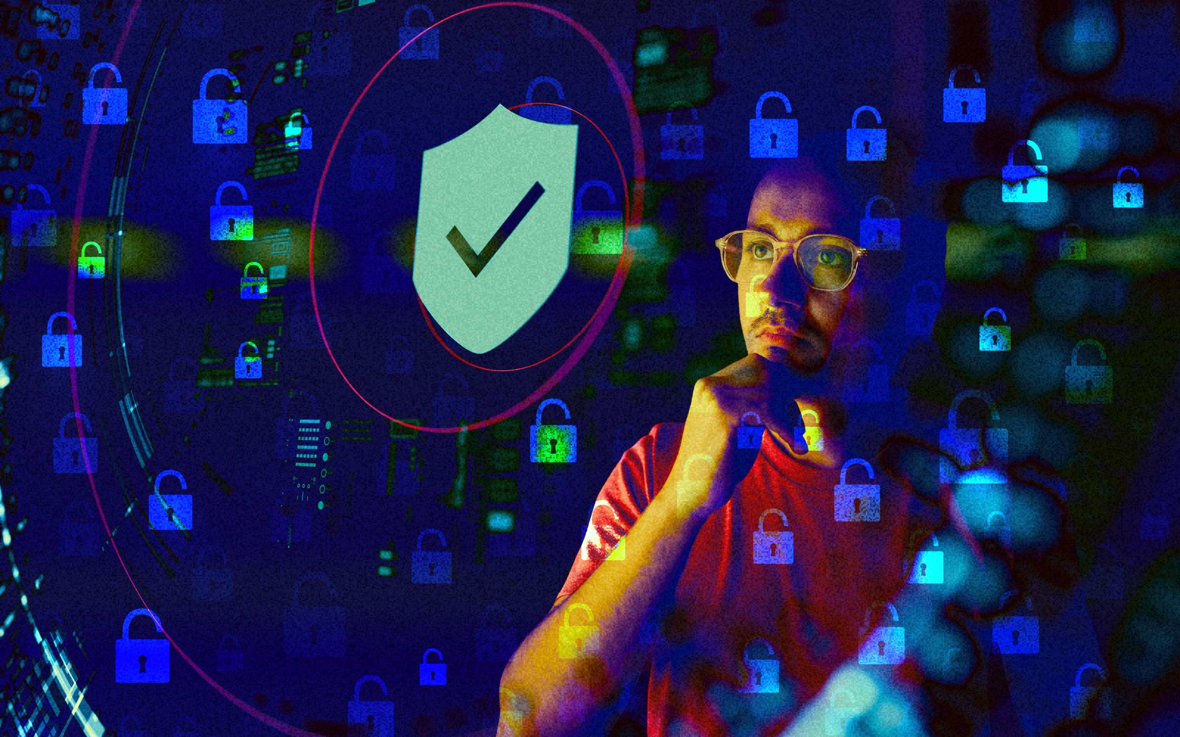 A person in glasses looks thoughtfully at a glowing cybersecurity interface filled with digital padlock icons, circuit patterns and a shield with a check mark, representing zero trust security, access verification and enterprise cyber risk protection.