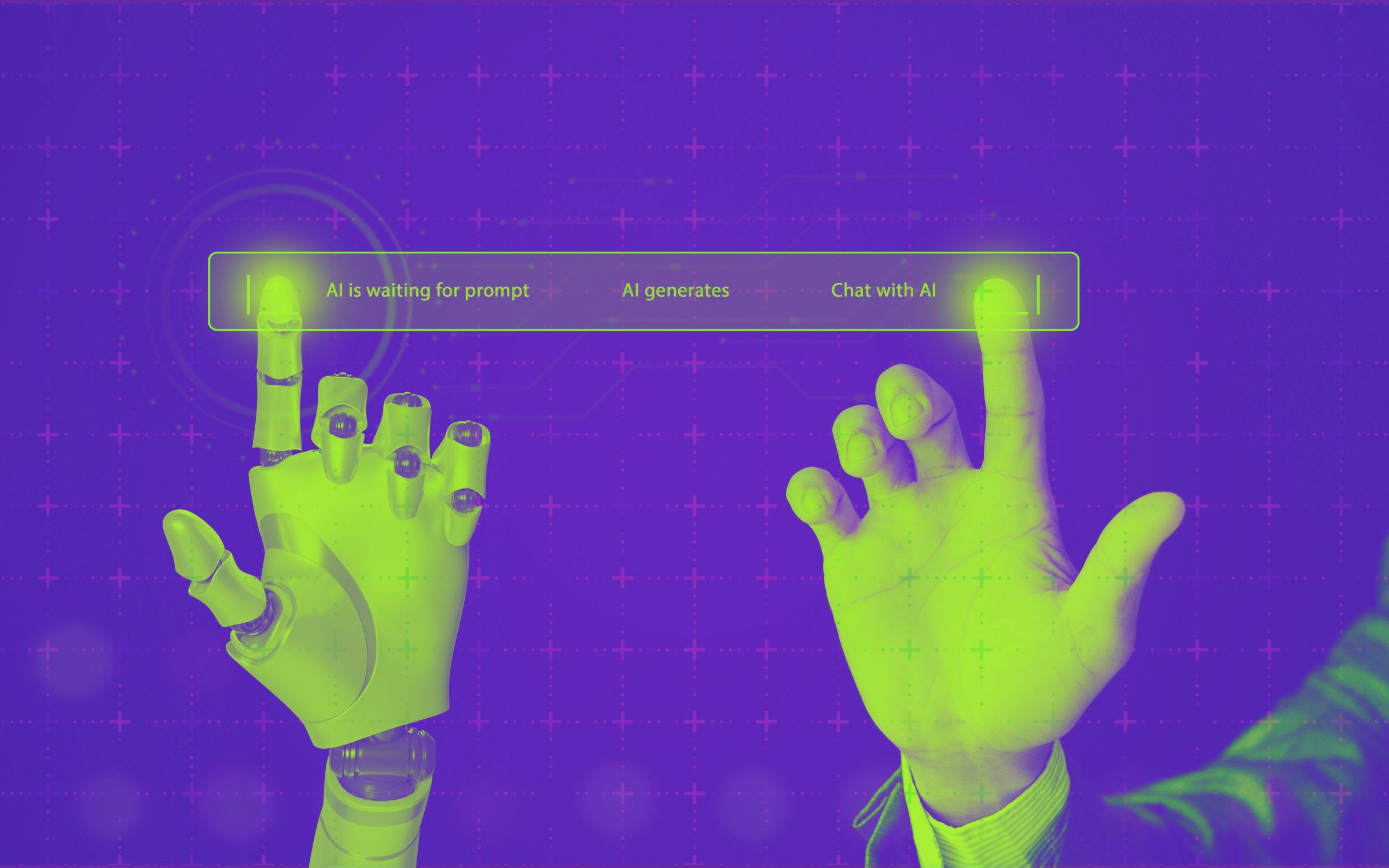 A robotic and human hand point toward a neon interface with phrases like “AI is waiting for prompt”, "AI generates", and “Chat with AI,” set against a grid-patterned blue-purple background. The image reflects themes of human-AI collaboration, prompt engineering, interface design, and conversational intelligence. It symbolizes the evolving relationship between people and machines—where interaction, co-creation, and responsiveness shape the future of digital dialogue.