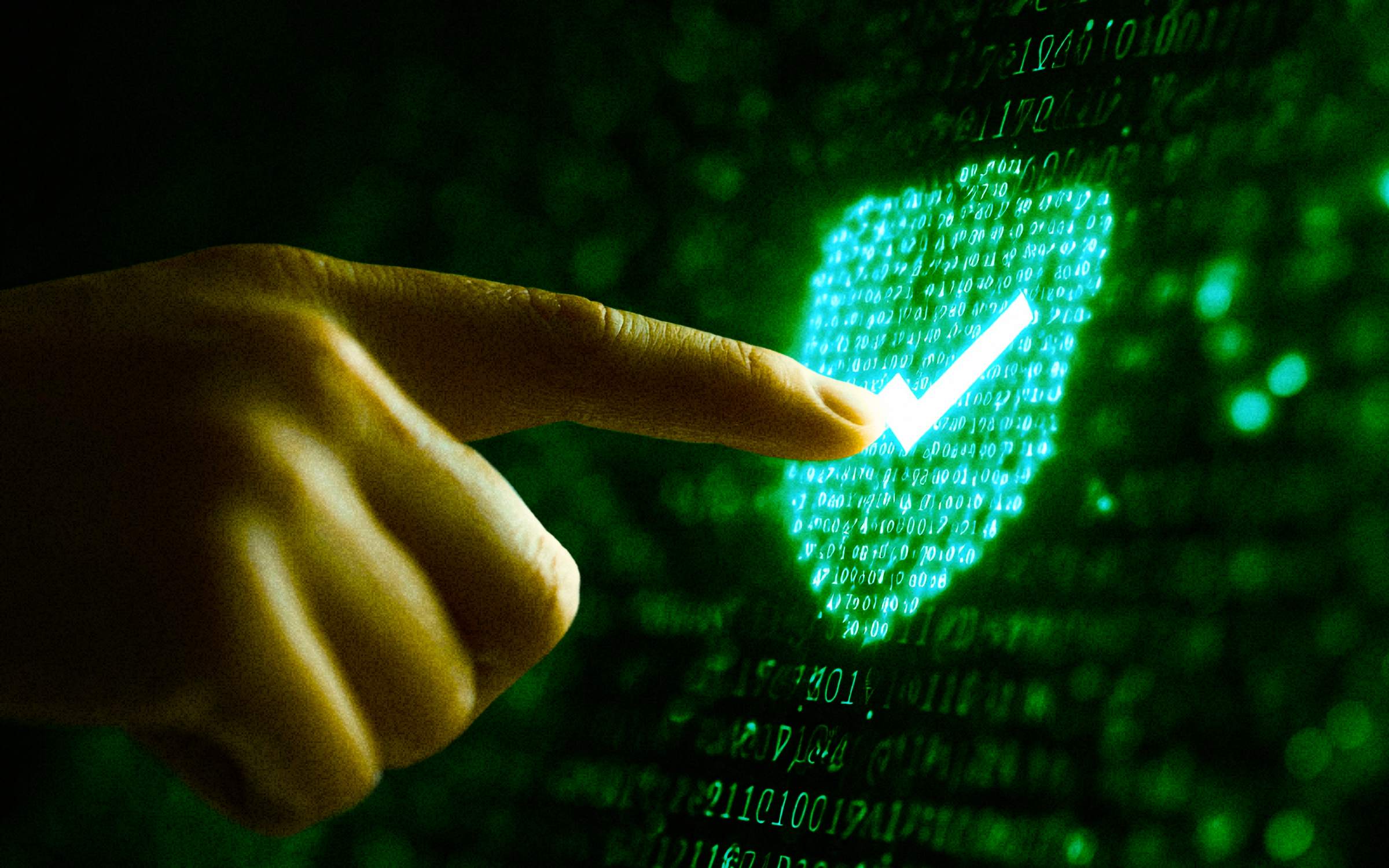 Close-up of a person’s finger touching a glowing check mark inside a digital fingerprint made of binary code, symbolizing modern cybersecurity risk, identity verification, trust, access control and the need for stronger cyber resilience in 2026.