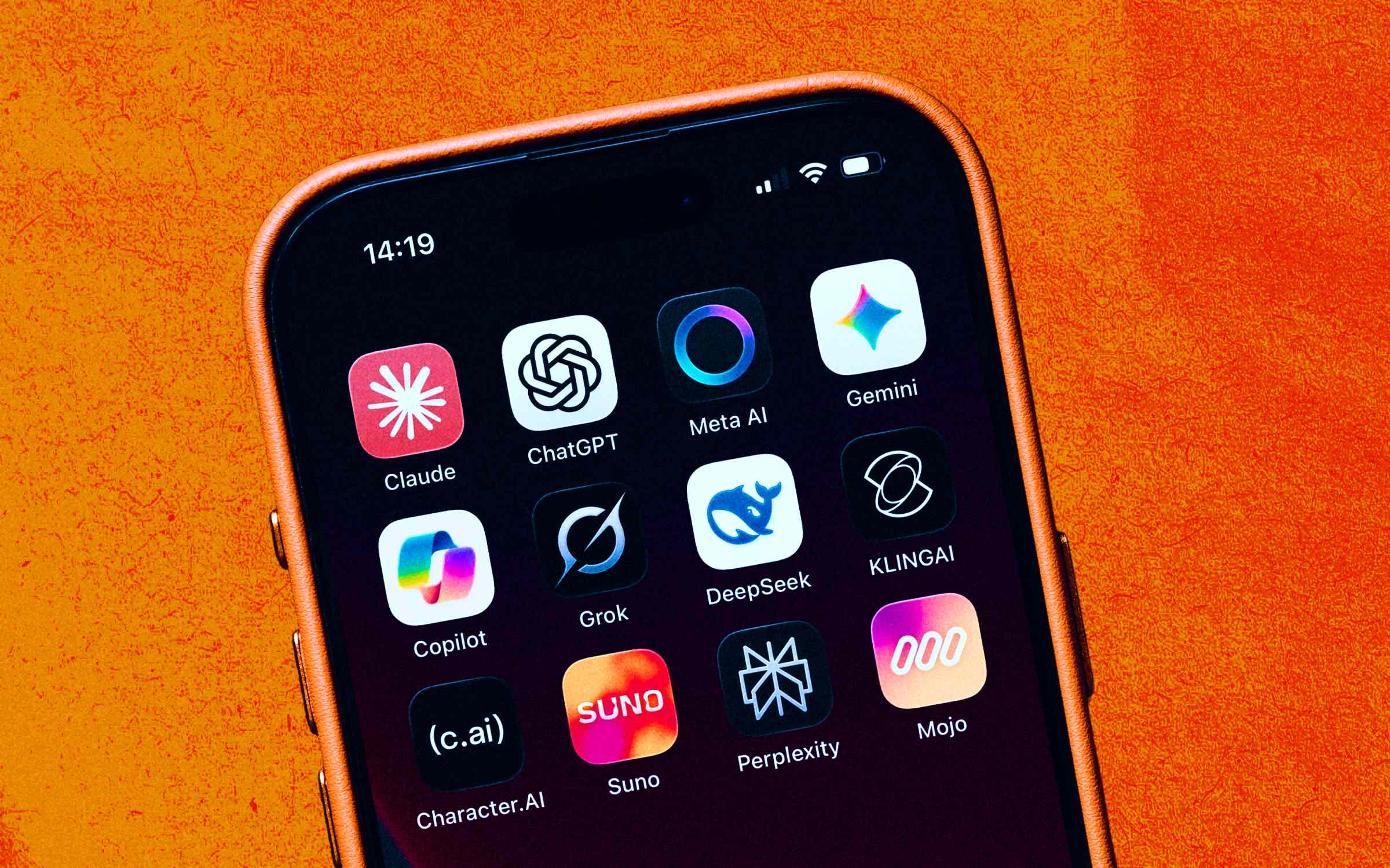 A smartphone screen displays multiple AI app icons, symbolizing the competitive AI ecosystem through diversity, innovation, and rivalry among leading platforms.