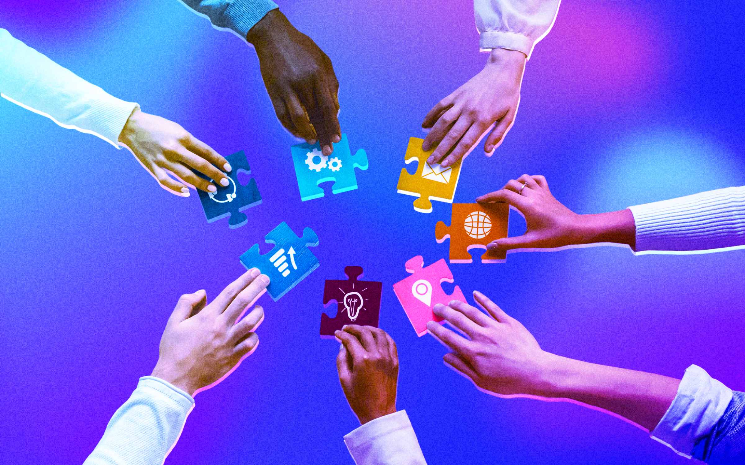 Multiple hands hold colorful puzzle pieces with icons like gears, globe, and light bulb, symbolizing cross-industry collaboration through teamwork, shared innovation, and integration of diverse expertise.