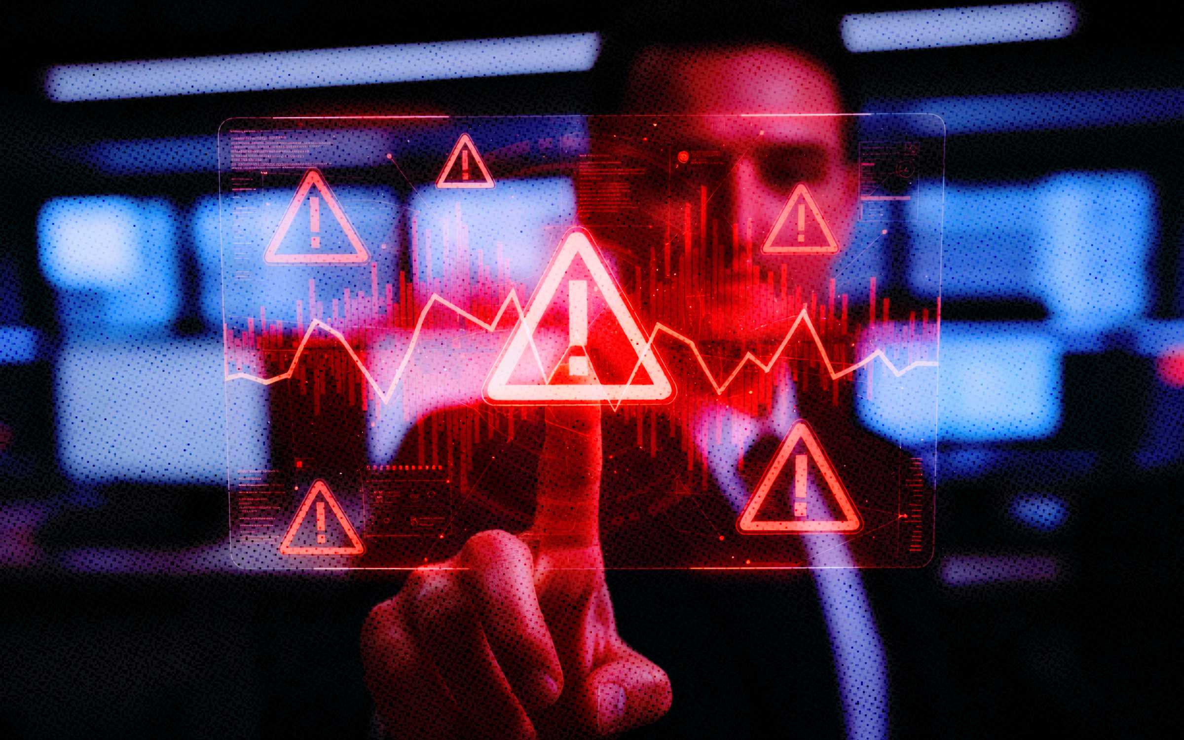 A cybersecurity-themed image shows a blurred business professional in a suit pressing a glowing digital interface filled with red warning icons, alert symbols and data graphs. The red alerts contrast with a dark blue, high-tech background, suggesting rising disclosed vulnerabilities, incomplete public risk data and the need for security leaders to prioritize the threats that pose the greatest business risk.