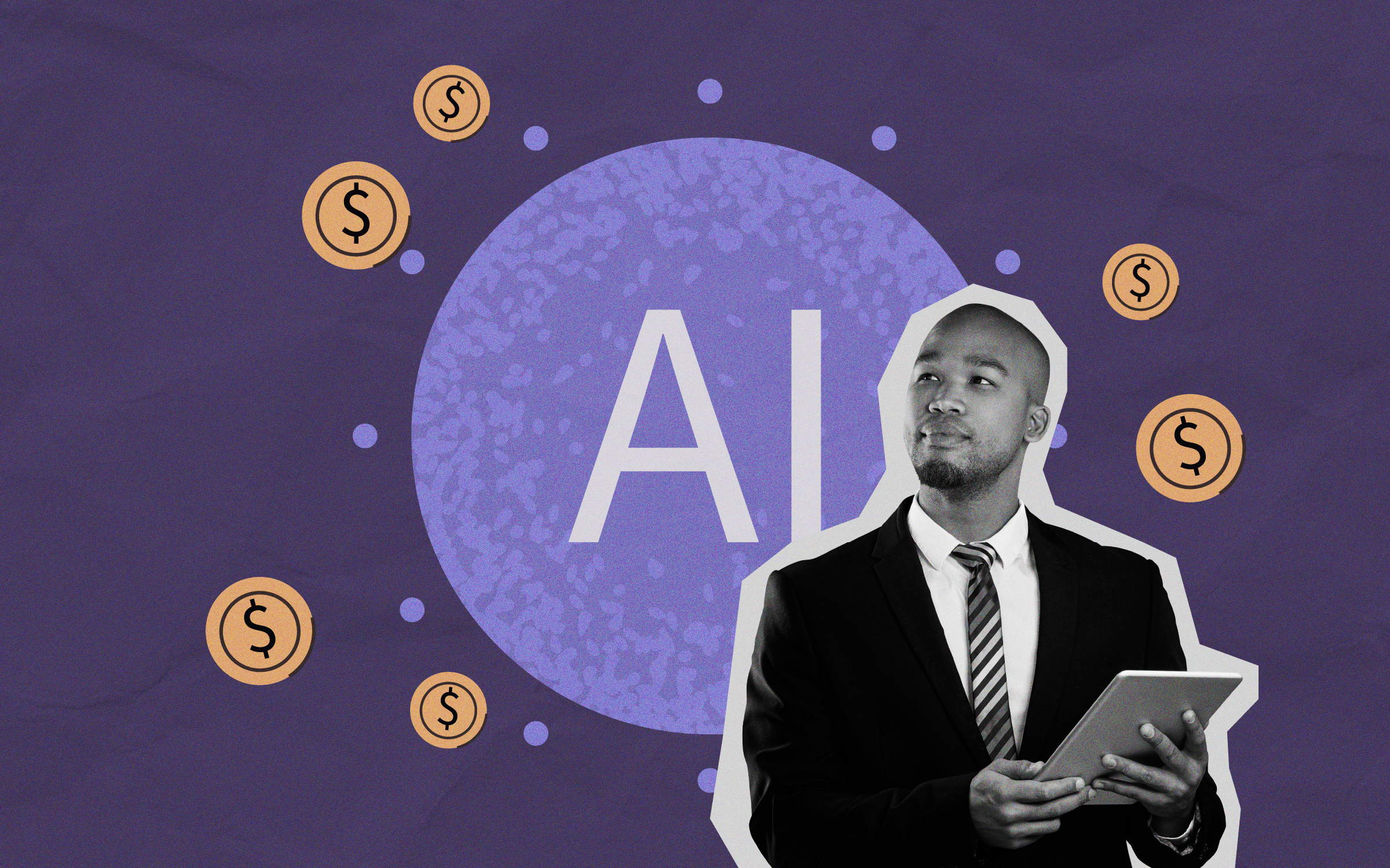 Image of a businessman with a thoughtful face. Behind him is a graphic symbolizing AI investments and costs.