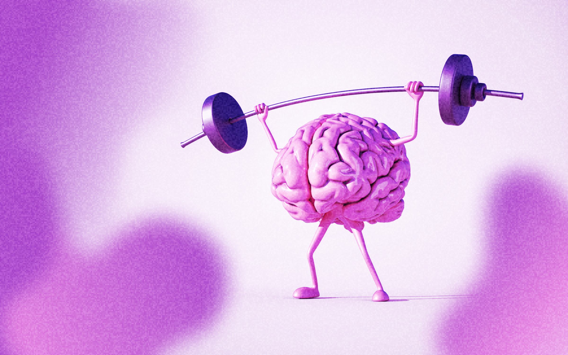 A cartoon brain lifts a barbell on a purple-pink background. The image shows mental strength, resilience and cognitive health.