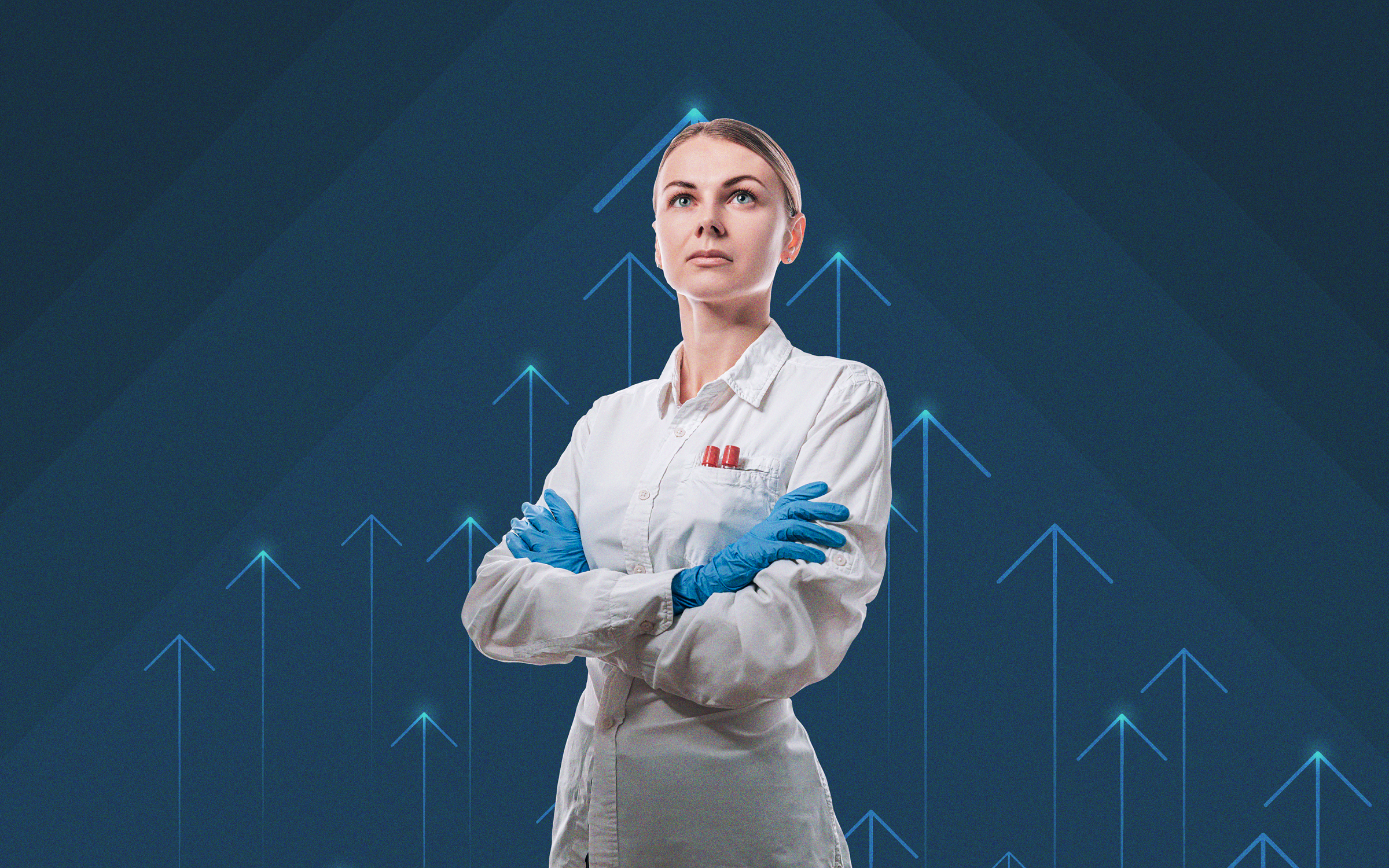 Picture of a female doctor in a stoic pose over a background of arrows going upward, representing healthcare leadership, in-demand healthcare careers, or women in healthcare.