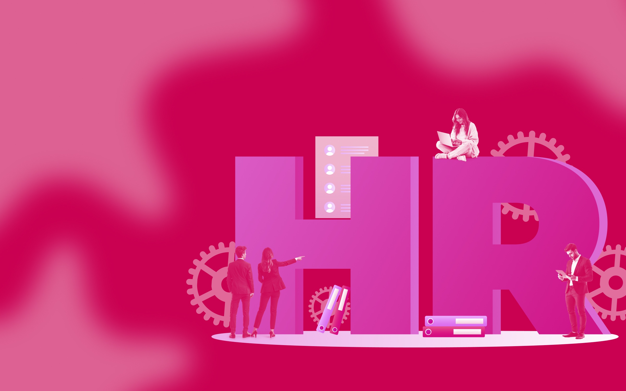 Large purple “HR” letters stand against a pink-red gradient background, with people using laptops and tablets, gears, and files around them. The image shows human resources through teamwork, technology, and organizational management.