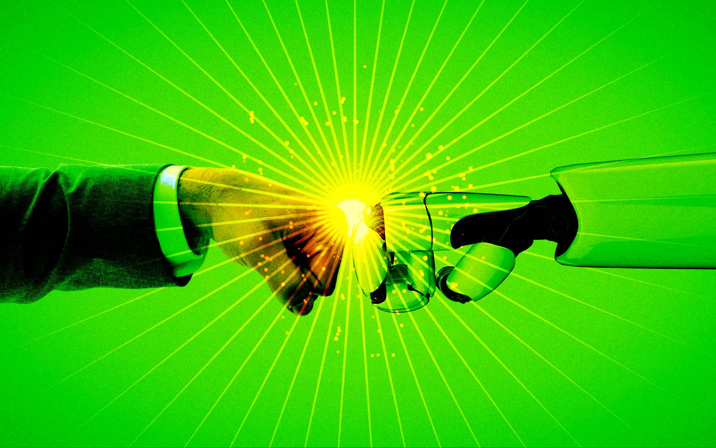 A human hand and robotic hand touch fists with glowing light and sparks, symbolizing human-AI synergy through themes of collaboration, innovation, and shared power.