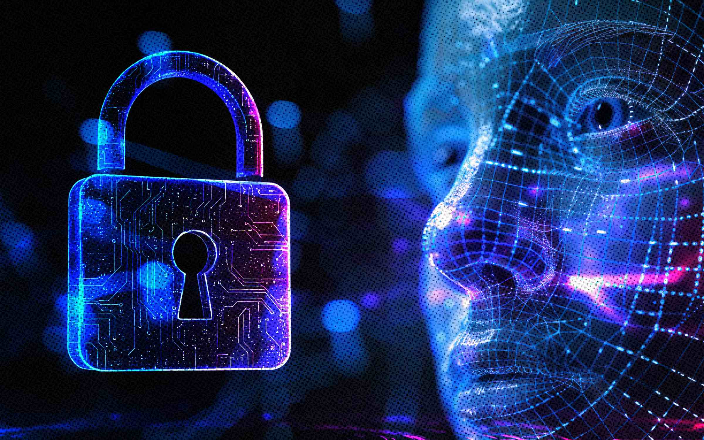 Close-up digital illustration of a glowing padlock beside a wireframe AI face, representing intent-based security for agentic AI systems. Blue and purple circuitry, data points and facial grid lines evoke runtime monitoring, identity verification, autonomous decision-making and safeguards designed to keep AI agents operating within secure boundaries.