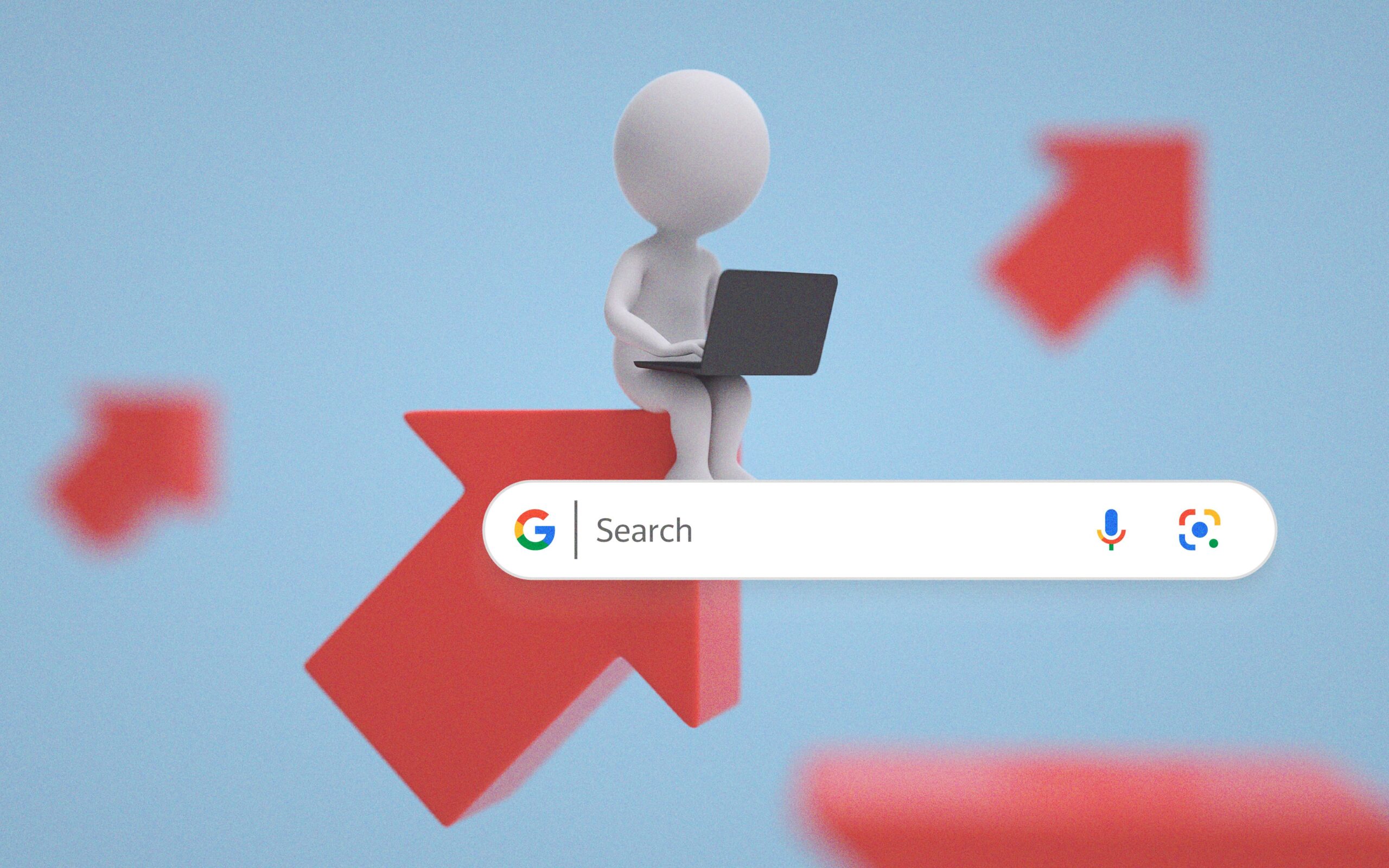 A stylized 3D figure sits on a large red upward arrow while using a laptop above a Google search bar, with additional red arrows in the background. The image represents brands navigating search visibility, AI-driven search results and shifting control over how audiences first encounter their messaging online.