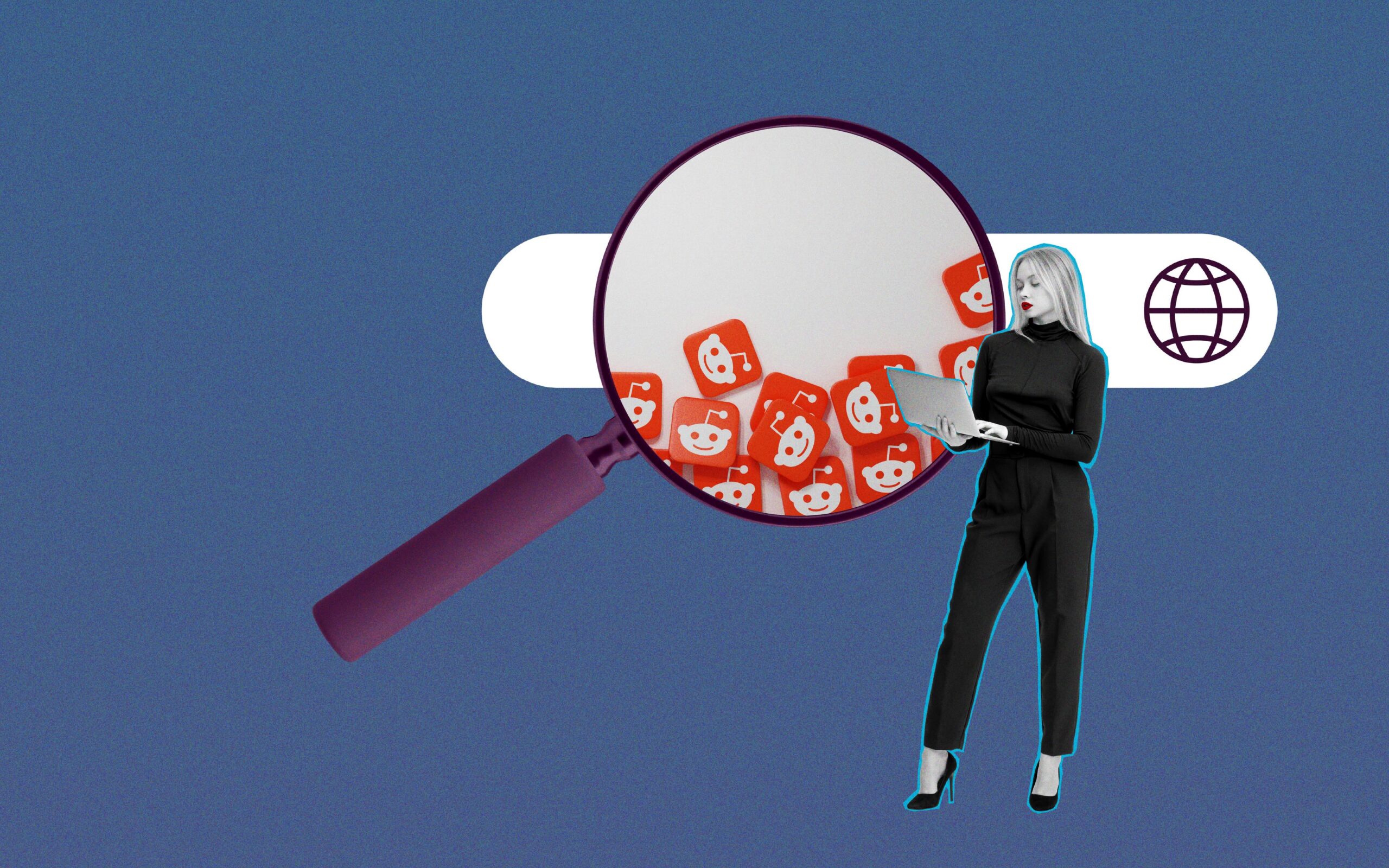 Illustration against a blue background of a marketer standing beside an oversized search bar and magnifying glass filled with Reddit logos, representing how CMOs can monitor Reddit conversations to better understand brand discovery, customer trust, search visibility and buyer insights across the broader digital ecosystem.