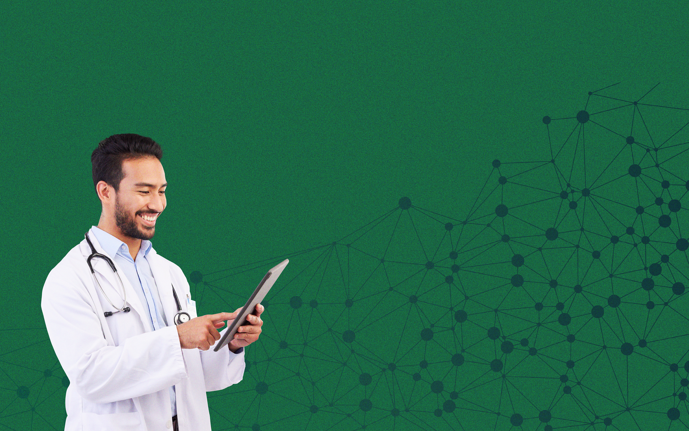Image of a doctor smiling and holding a tablet over a tech-inspired background.