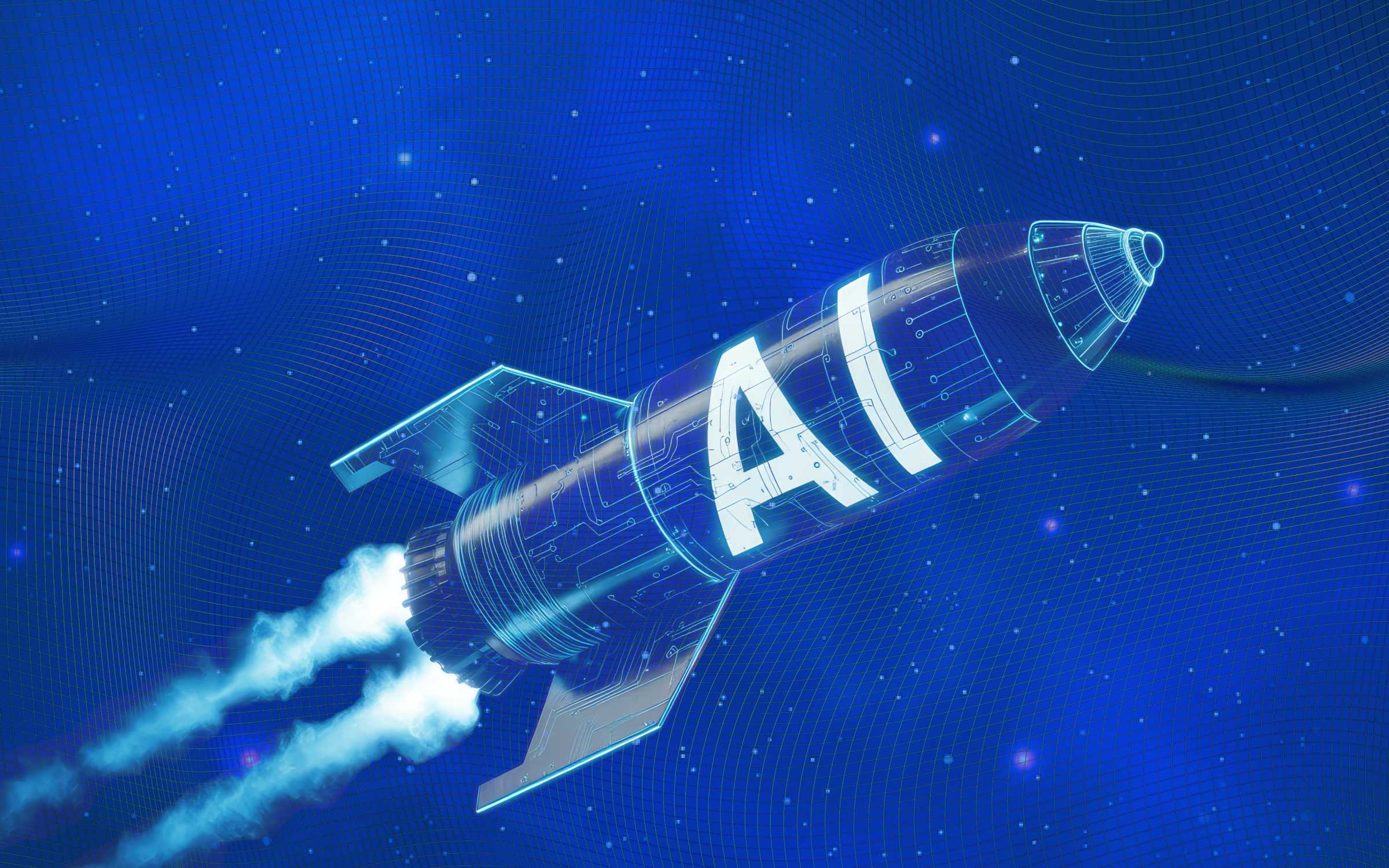 A rocket marked with AI and circuit patterns launches through a digital space scene, symbolizing SpaceX space-based AI infrastructure driving innovation, integration, and futuristic expansion.