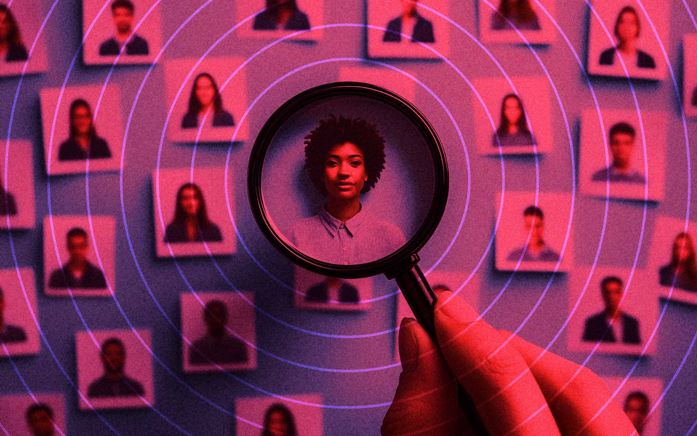 A magnifying glass highlights one portrait among a collage of faces, with radiating circles emphasizing the chosen individual. The image shows training hiring managers on values-based interviewing through themes of focused candidate evaluation, alignment with organizational principles, and the deliberate identification of individuals who embody cultural and ethical fit.