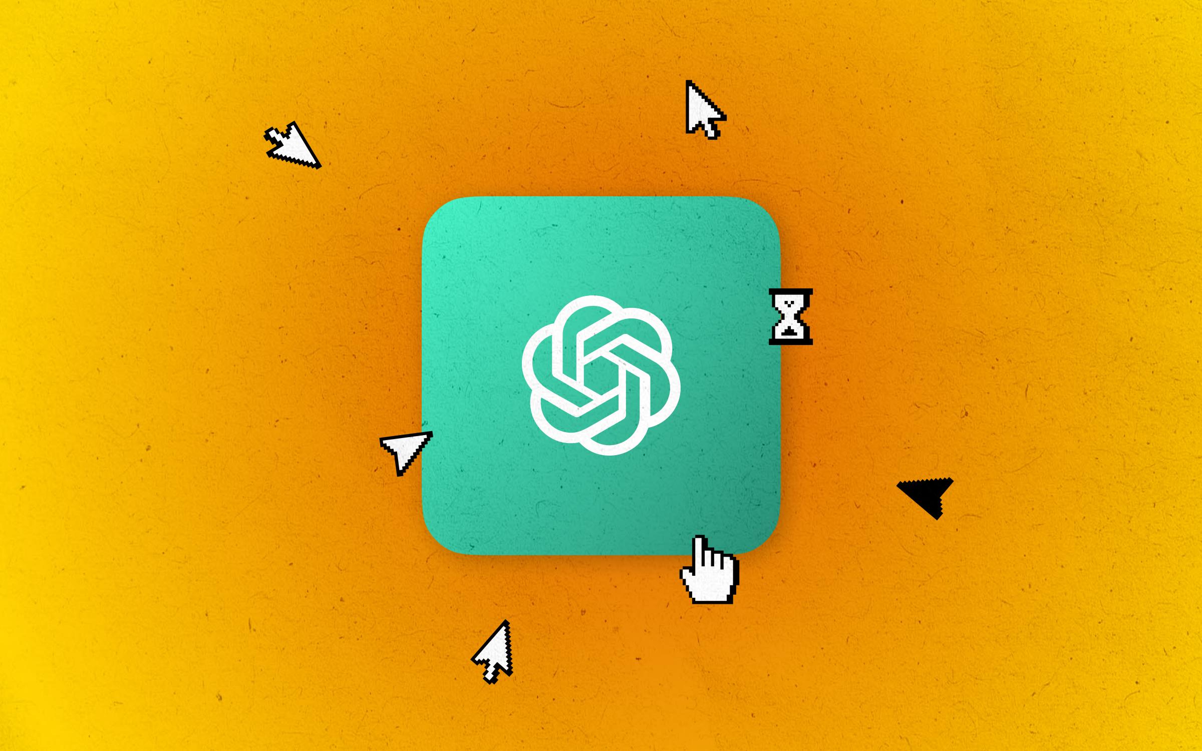 A turquoise square with the OpenAI logo sits at the center of a vibrant orange-yellow background, surrounded by various cursor icons, arrows, hands, and hourglasses, suggesting digital engagement. The image symbolizes OpenAI as a hub of interaction, where users converge through clicks, commands, and curiosity in a dynamic tech ecosystem.