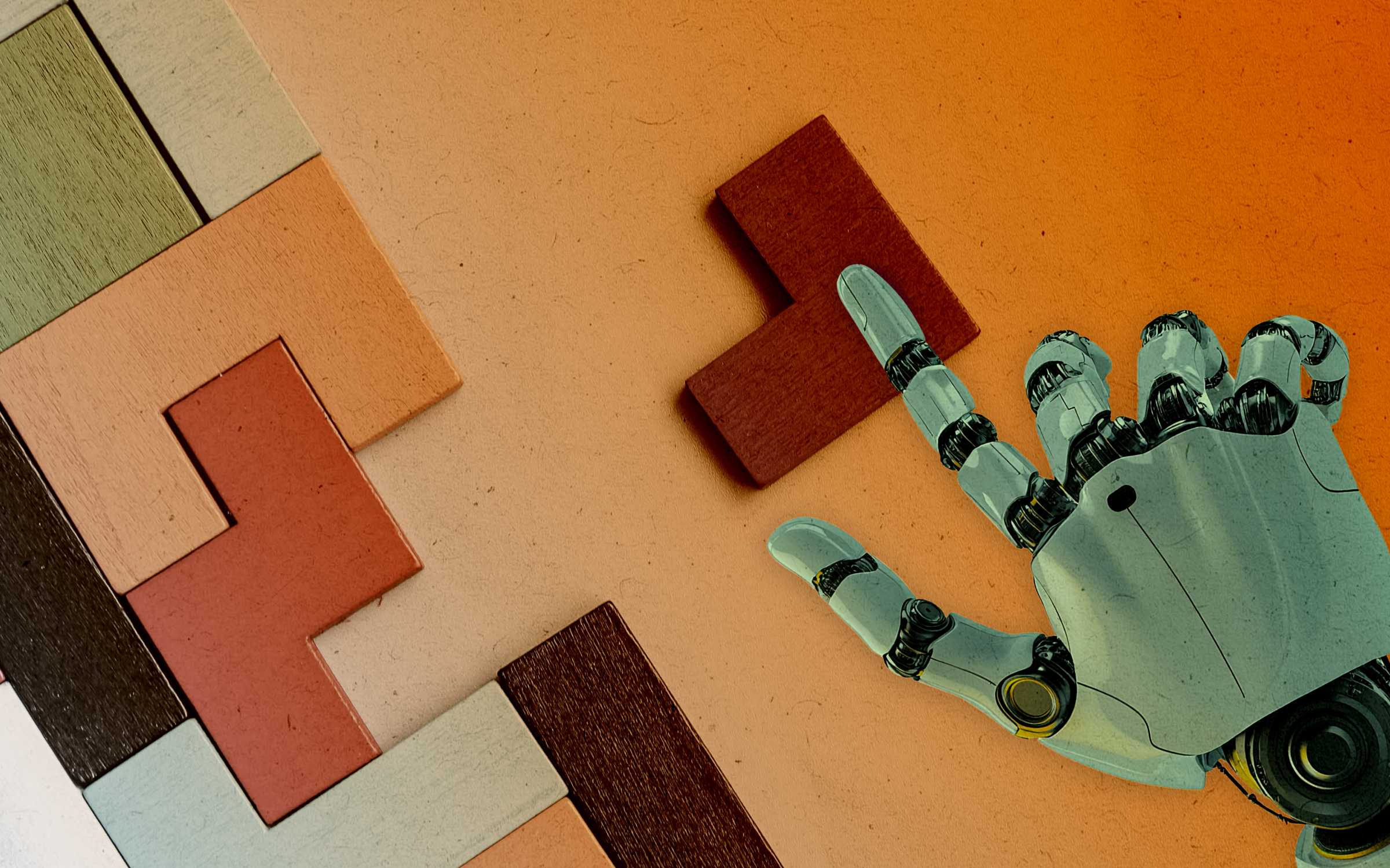 A robotic hand interacting with colorful puzzle pieces. The image suggests careful engagement, strategy, technological problem-solving, machine precision, human-like interaction with analog complexity, AI adaptability, cognitive augmentation, the blending of mechanical intelligence with creative tasks, and the evolving capacity of machines to tackle challenges that require both logic and nuance.