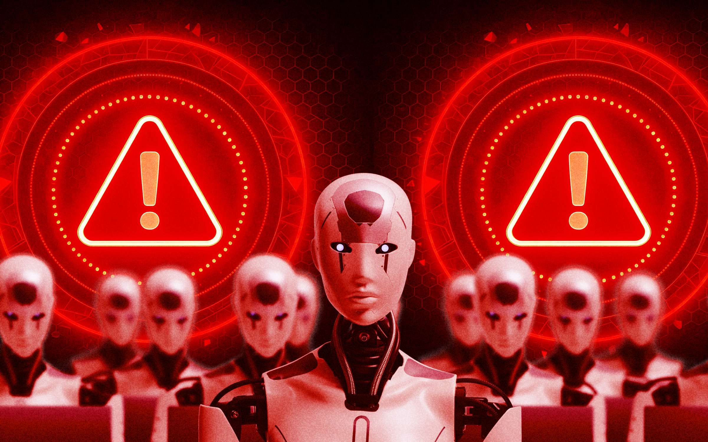 Humanoid robots stand before glowing red warning icons, symbolizing AI-driven attack techniques through automation, system alerts, and escalating machine-powered cyber threats.