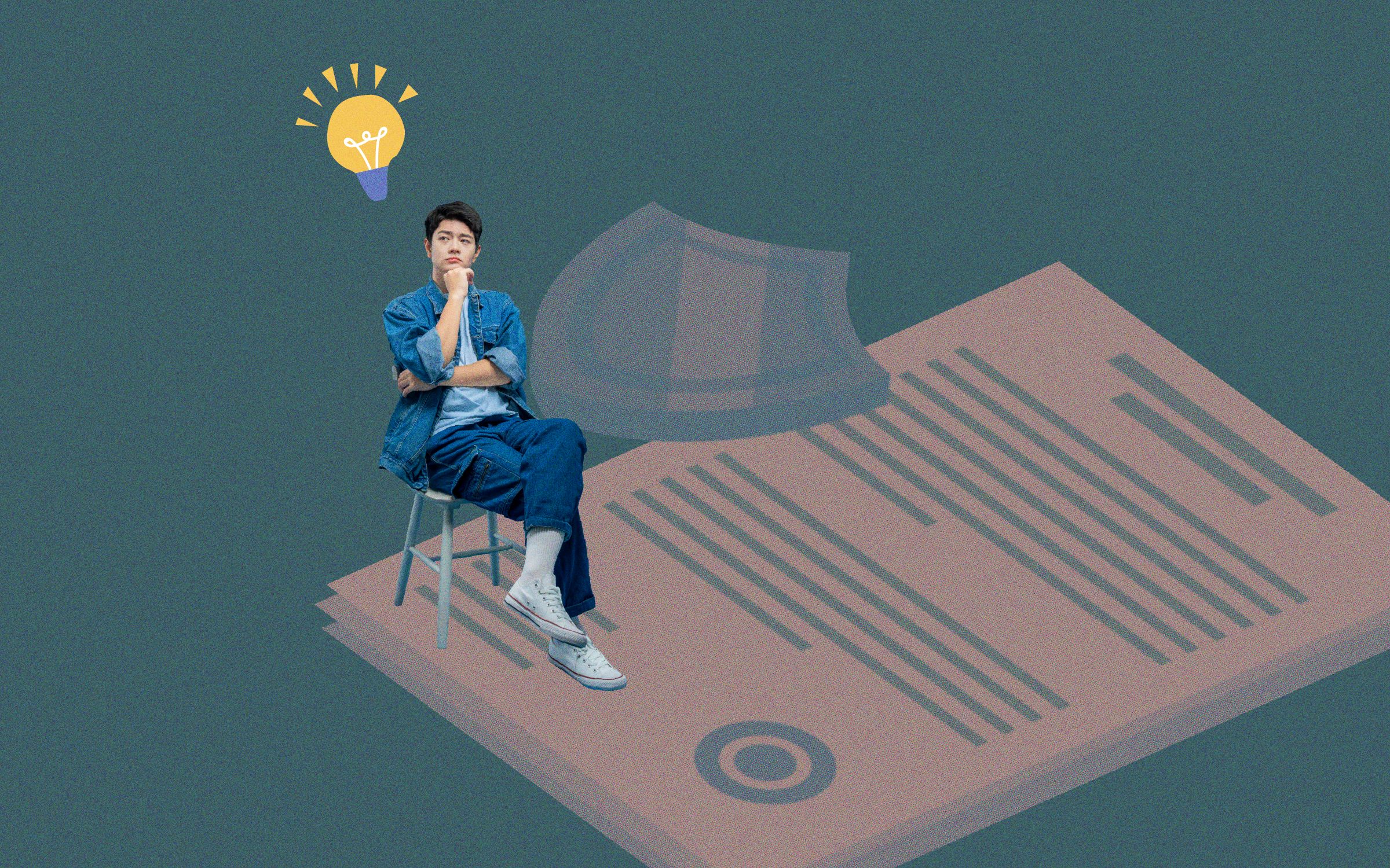 image of a young person sitting on a chair that is over document papers symbolizing regulations