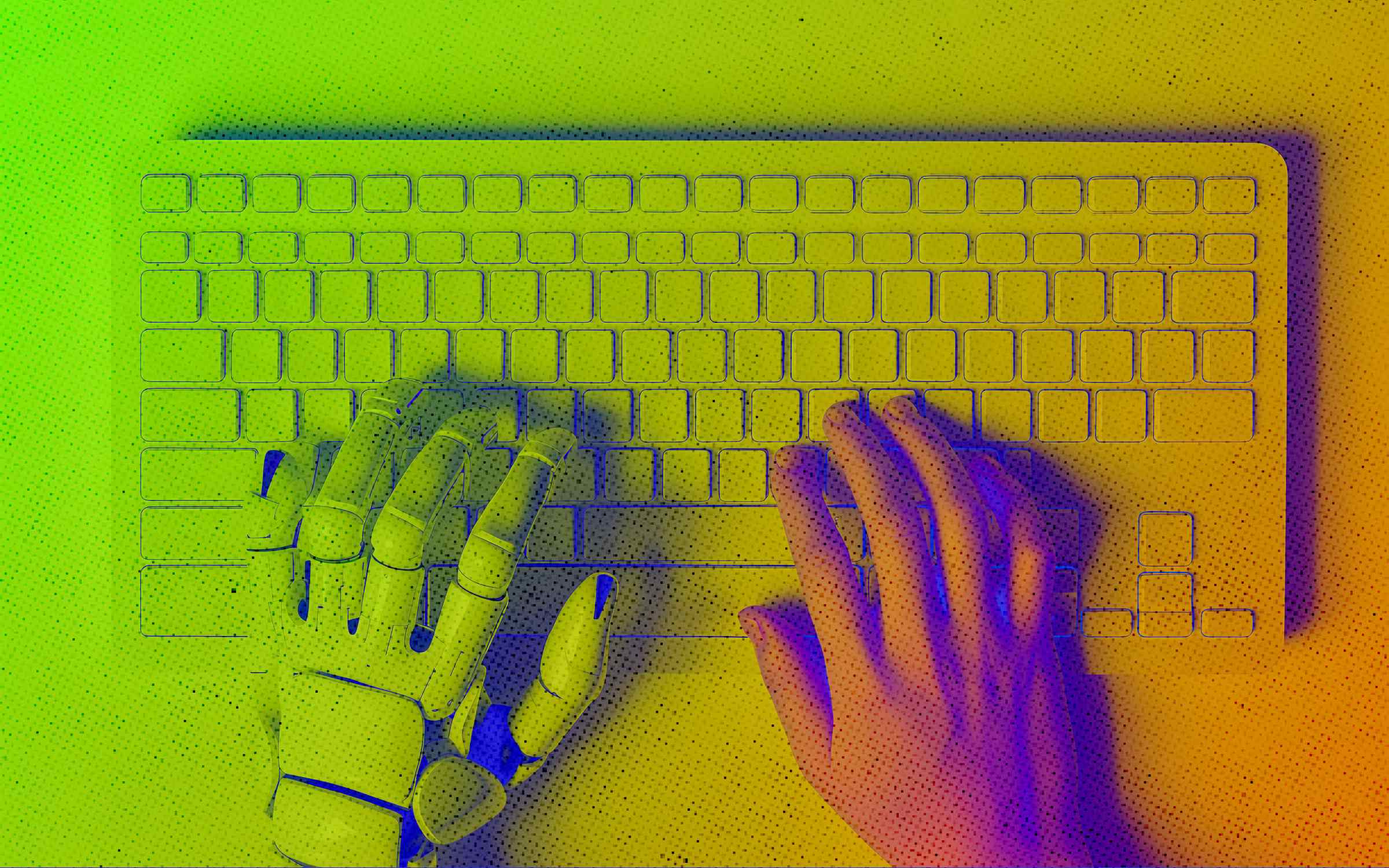 A human hand and robotic hand type together on a keyboard, symbolizing human-AI synergy through integration, collaboration, and shared digital interaction.