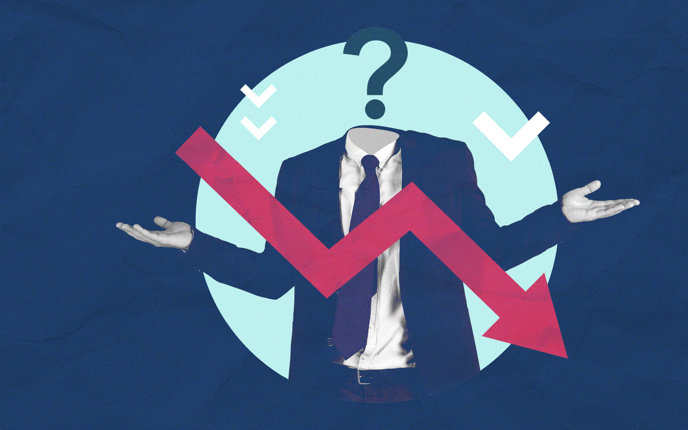 An image of a business man with a question symbol instead of head. He is shrugging and there's an arrow going downwards over him.