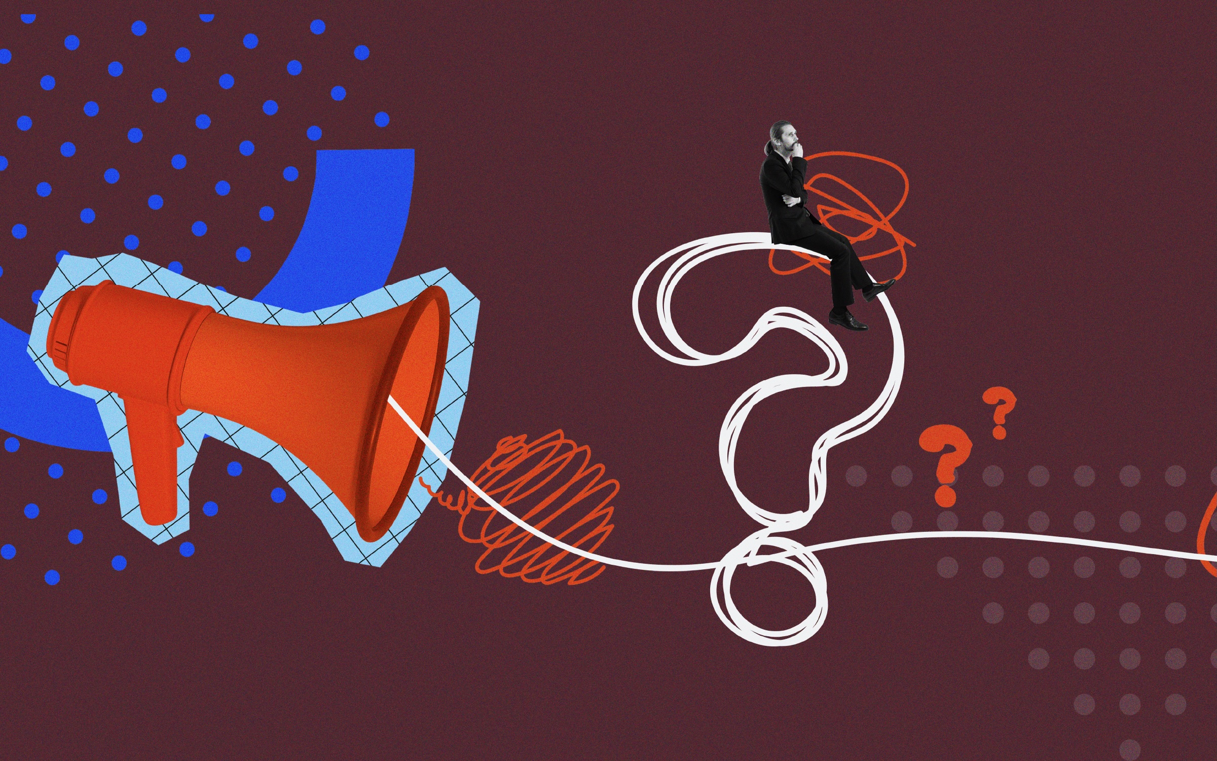 A stylized editorial illustration shows a large orange megaphone blasting a tangled white line across a dark red background toward a seated, contemplative businessperson surrounded by question marks. Blue dots, abstract shapes and scribbled lines suggest noise, competing trends and confusion, reinforcing the tension between reacting quickly to marketing trends and maintaining a clear, consistent long-term brand strategy.