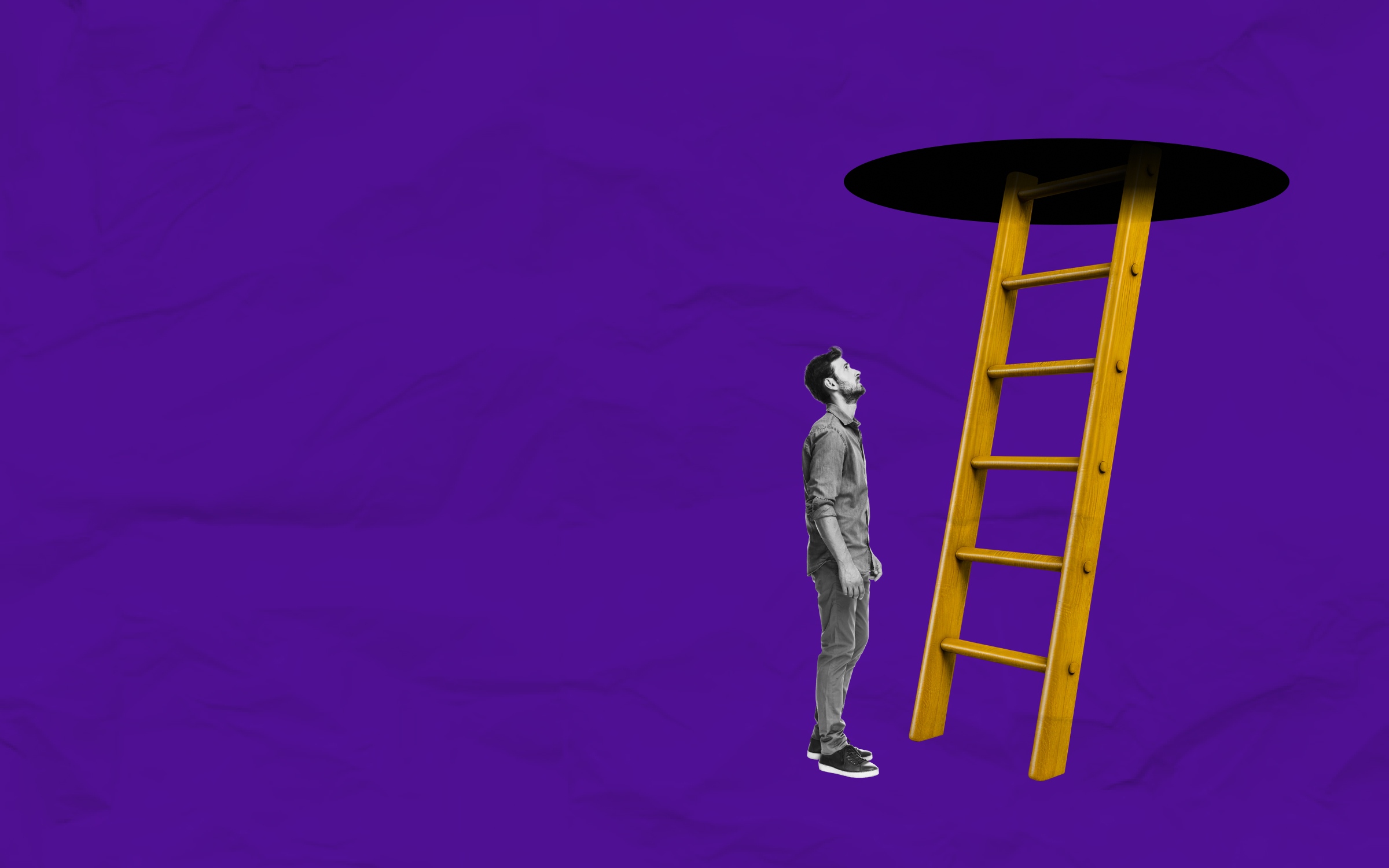 A man is standing in front of a yellow ladder that leads up to a black circular hole in the ceiling. The background is a solid purple color. The image conveys themes of adventure, mystery, the pursuit of dreams or aspirations, opportunities, a journey, or exploration into the unknown.