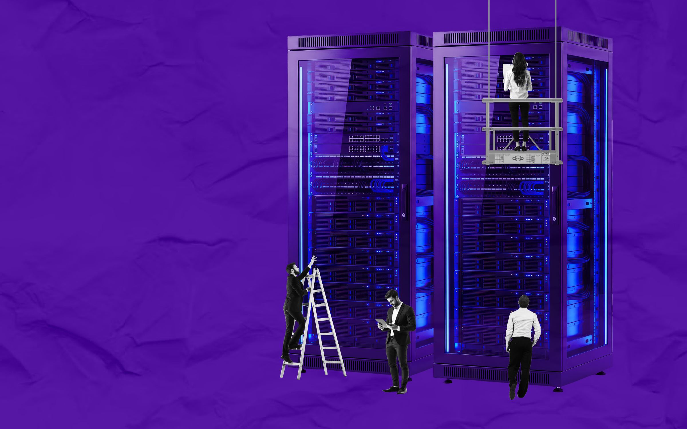 People interact with illuminated server racks using ladders, tablets, and platforms against a purple background, symbolizing AI’s role in building and powering data center infrastructure while highlighting collaborative human effort in maintaining and advancing technological systems.