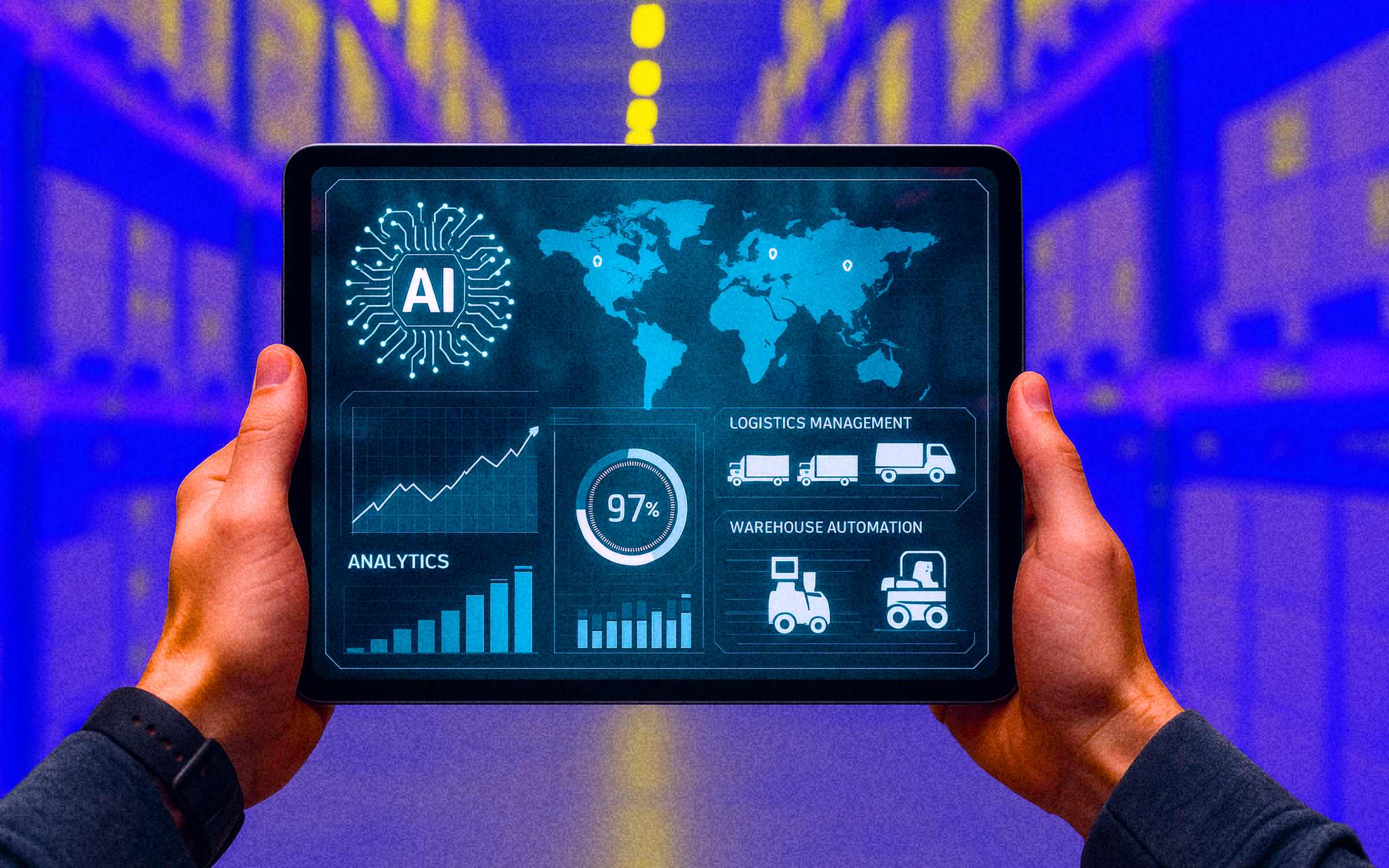 A person holds a tablet showing AI-driven logistics with analytics, progress indicators, and warehouse automation icons, symbolizing artificial intelligence optimizing global supply chain management through data insights and connected operations.