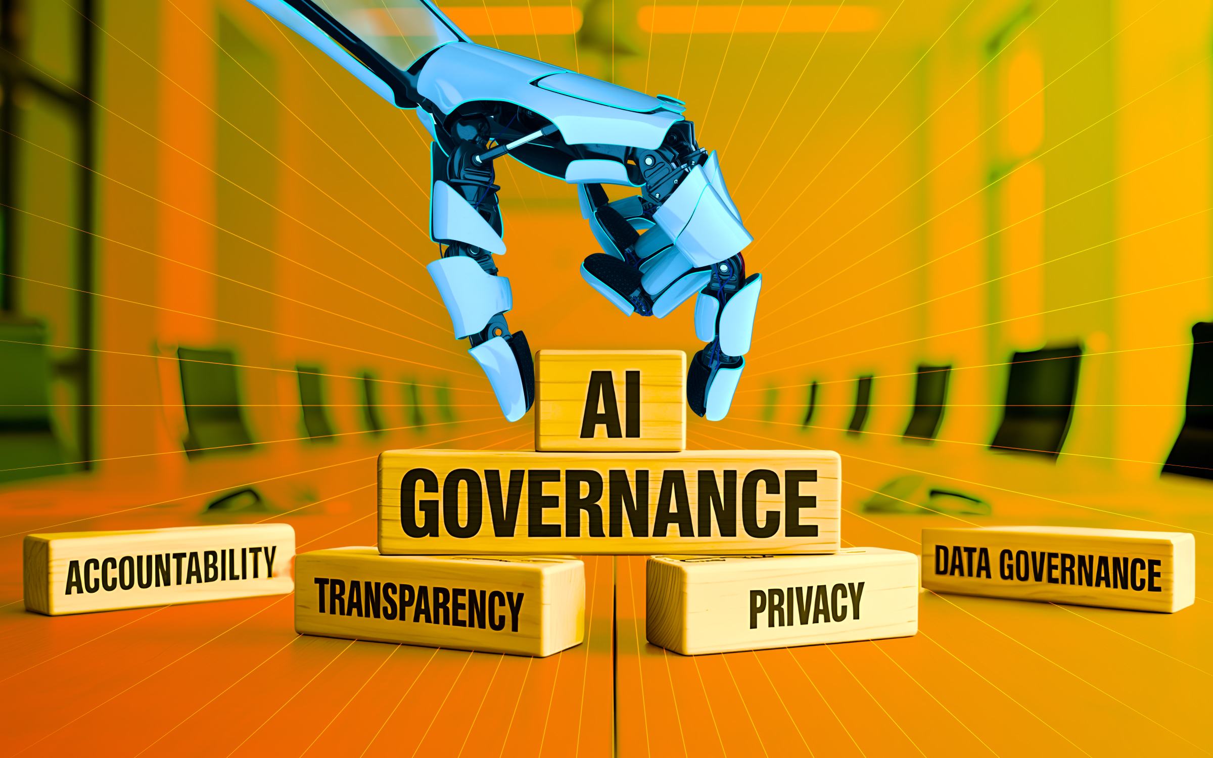 A robotic hand places an AI block atop governance and accountability blocks, surrounded by transparency, privacy, and data governance, symbolizing AI systems meeting regulatory requirements through ethical oversight, data transparency, and responsible management.