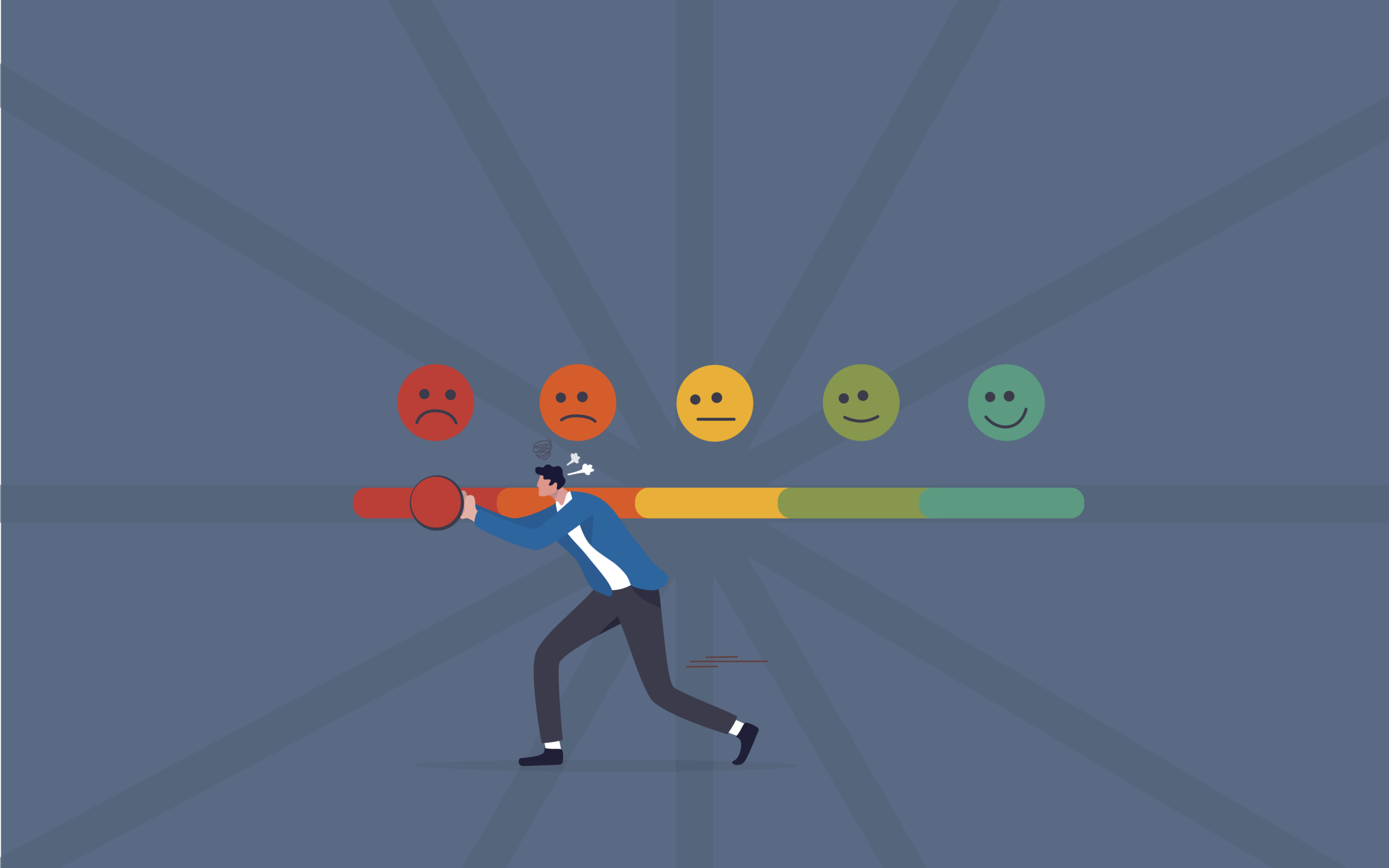 Illustration of a person pushing a customer satisfaction meter to the worse end.