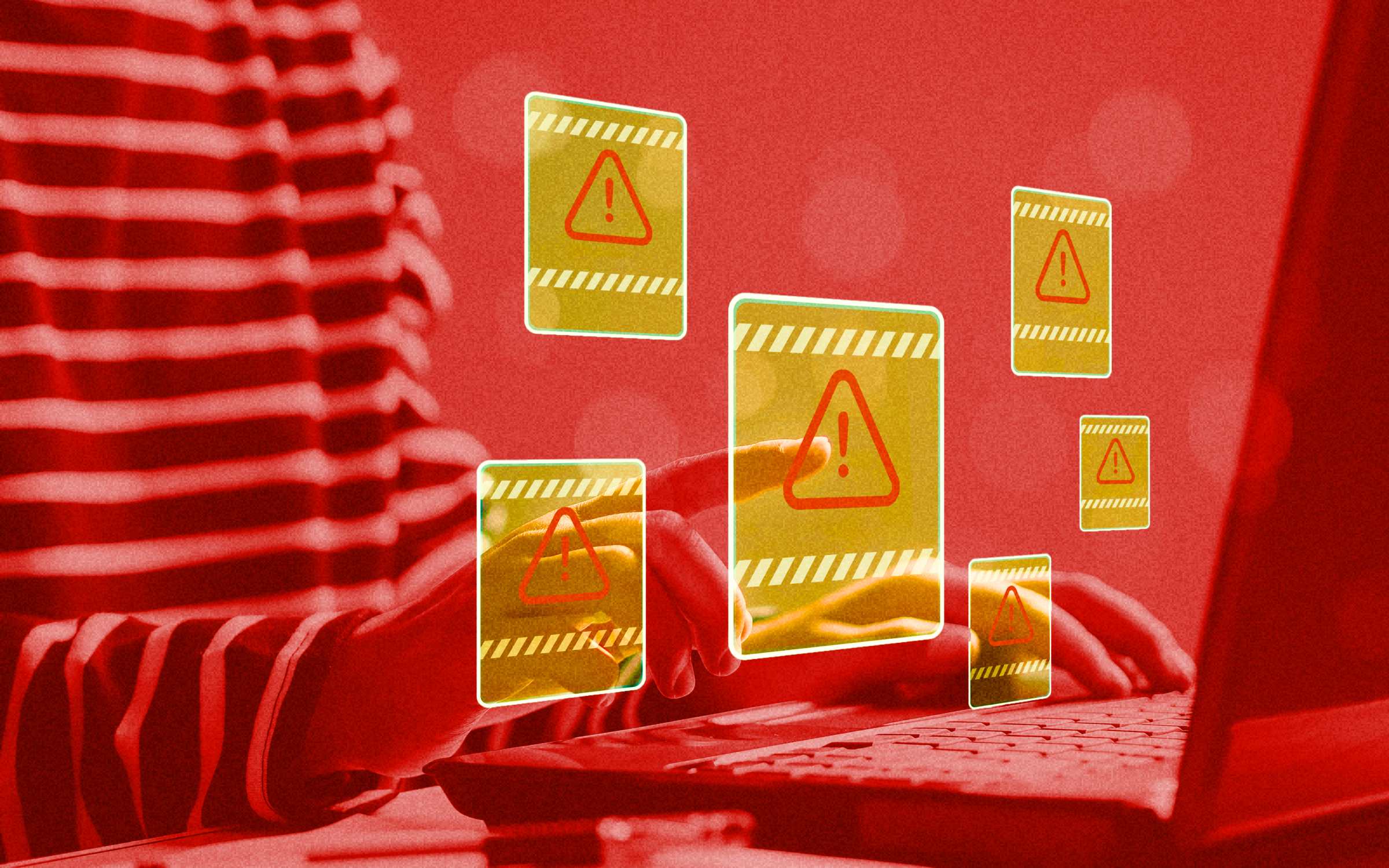 Red-toned illustration showing a person typing on a laptop as multiple floating warning panels with exclamation-point icons appear around the screen, representing an ongoing stream of software vulnerability alerts, disclosed CVEs and security risks requiring remediation and prioritization.