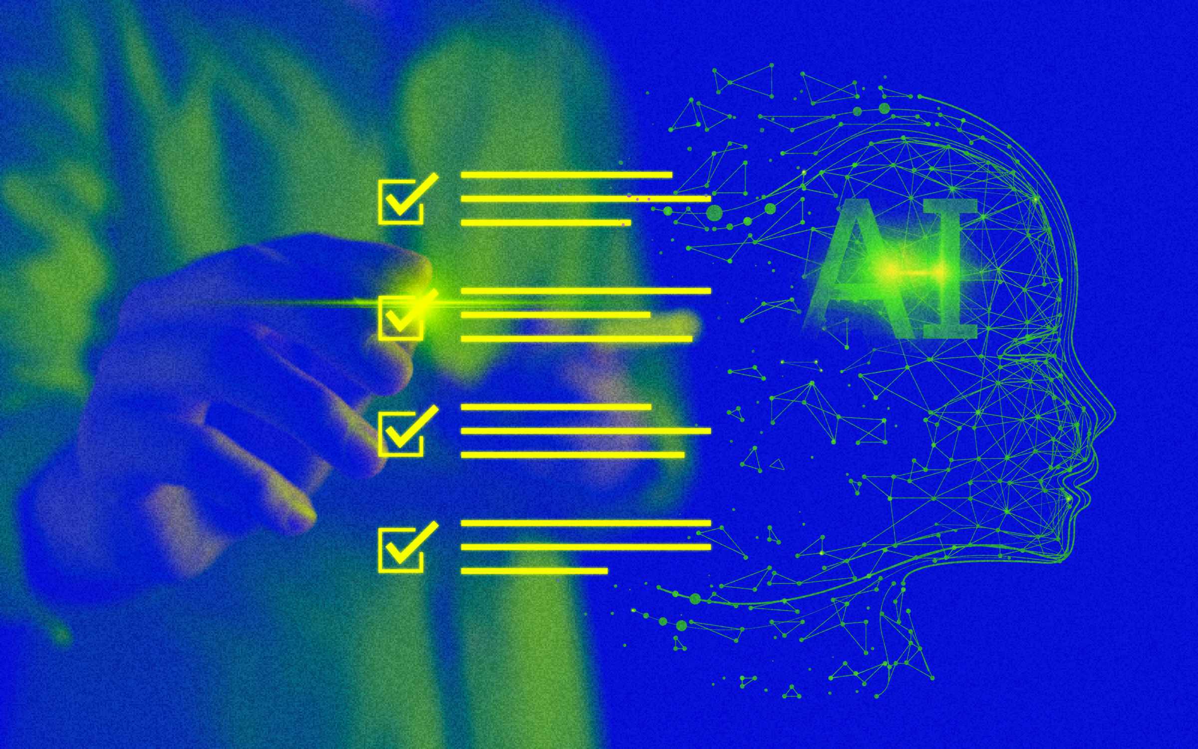 Conceptual illustration of AI agent accountability and auditability, showing a human hand interacting with a digital checklist beside a wireframe human profile labeled “AI,” representing authorization, evidence trails and oversight of agent-driven workflows.