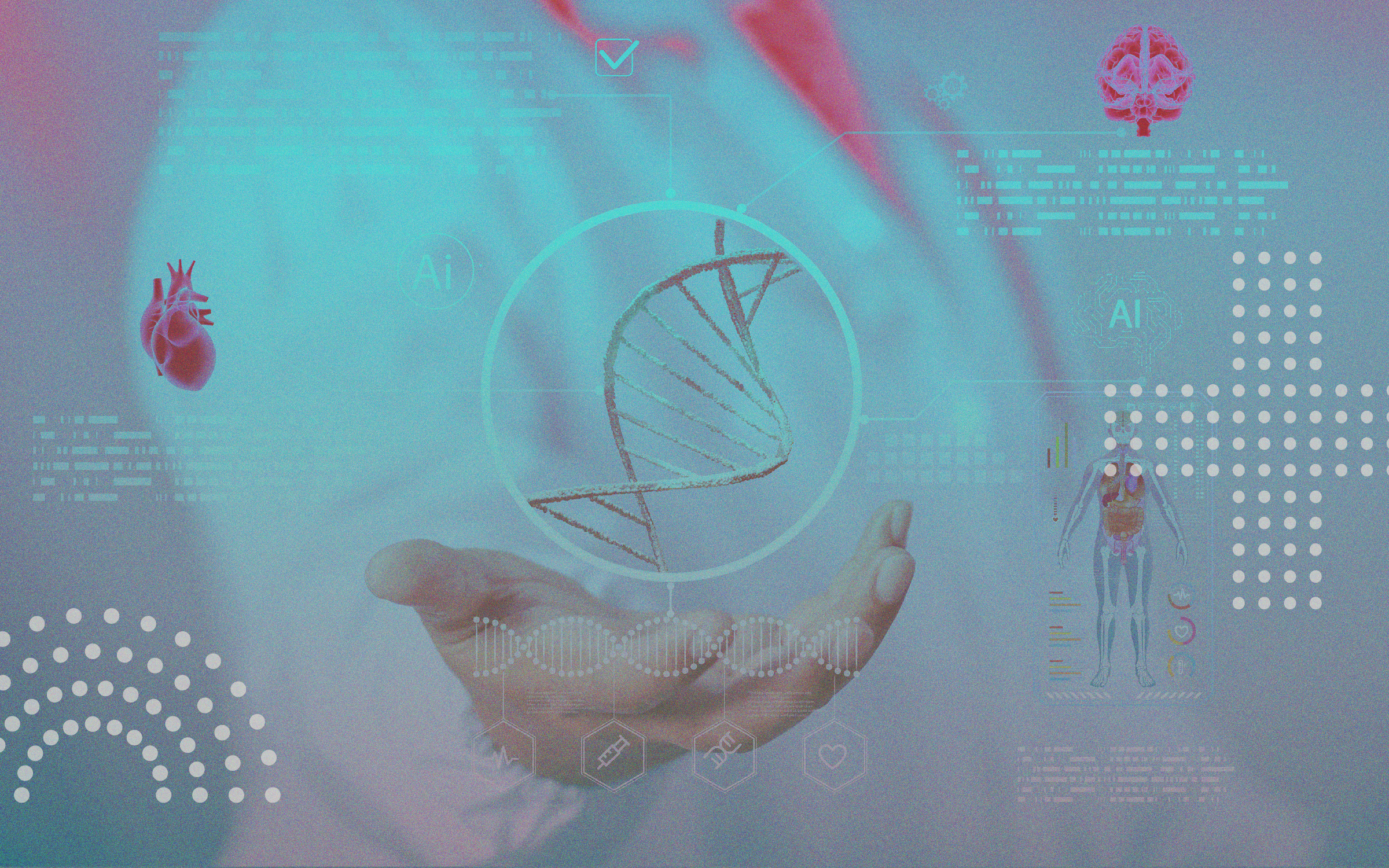 Hand holding a close-up image of DNA, surrounded by images of biometric markers and technology, representing the future of biometric tracking, technology in healthcare, continuous monitoring, AI, and wearables.