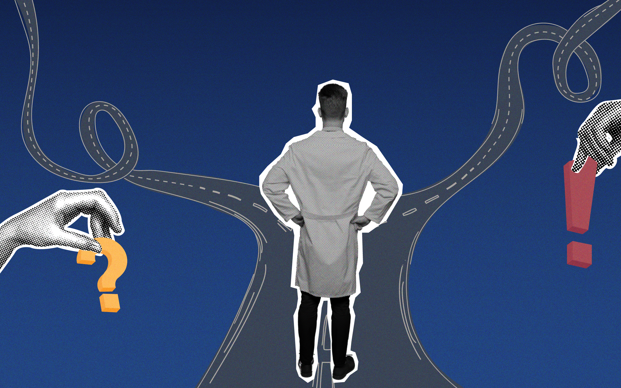 Image of a healthcare professional who is in front of a parting road and he is pondering of which direction to take.