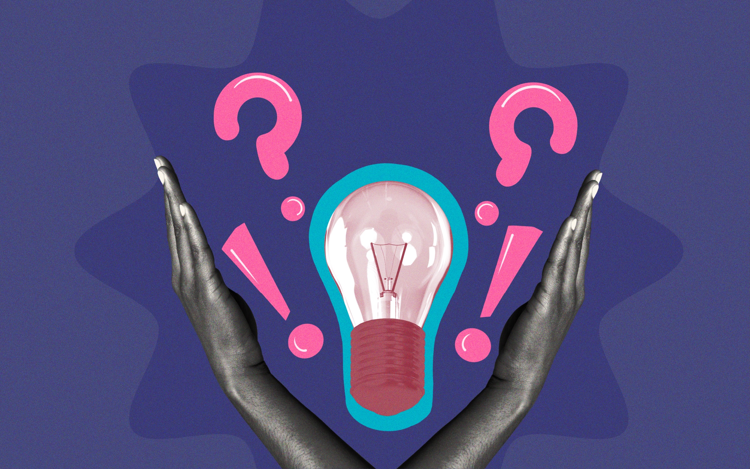 Stylized illustration of two grayscale hands framing a glowing pink lightbulb, surrounded by question marks and exclamation points on a dark blue background, symbolizing ideas, decision-making and the challenge of setting priorities for lean marketing teams.