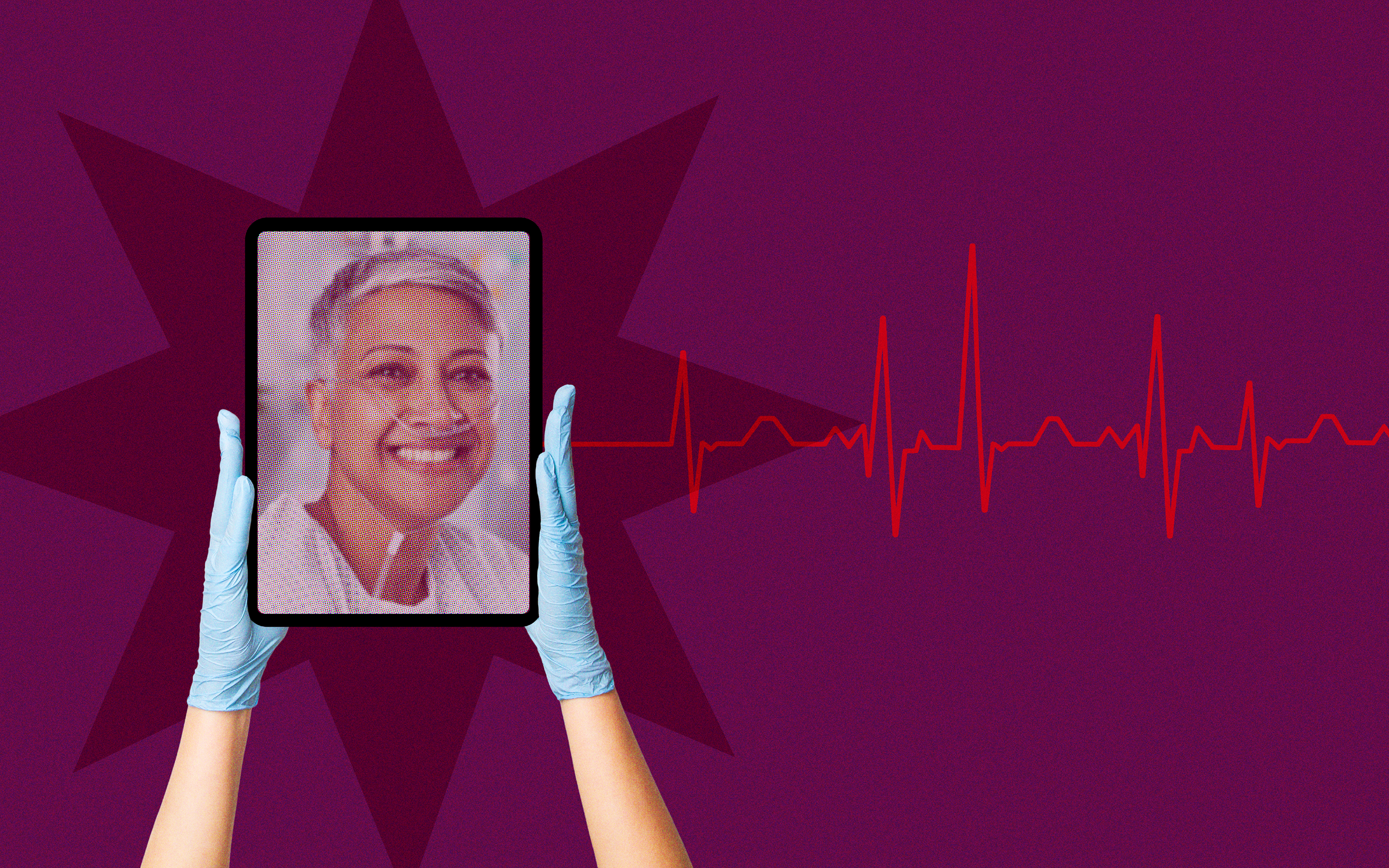 Image of medical staff hands holding a tablet in which a patient's face is shown, representing telehealth, virtual care and technology in healthcare.