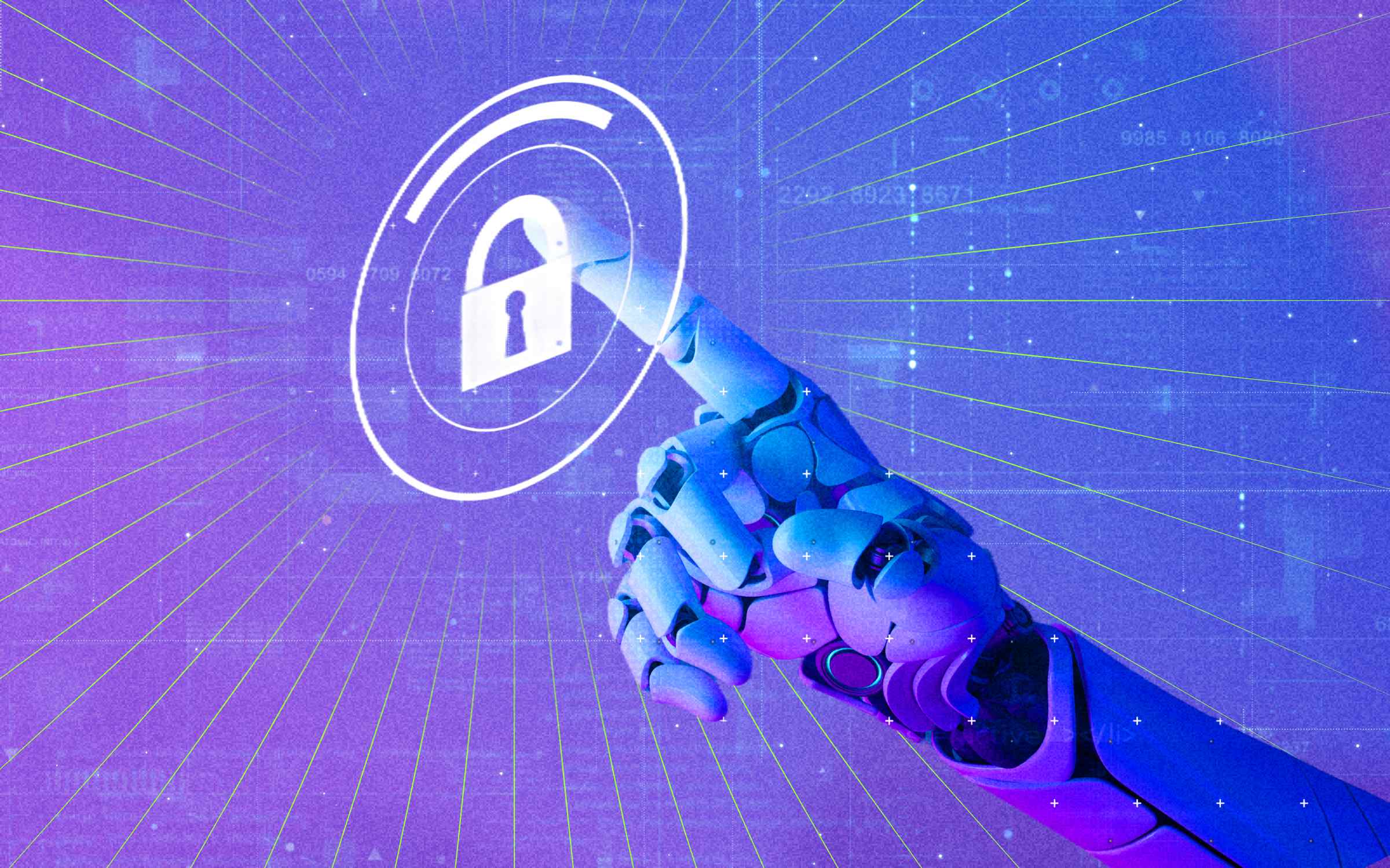 Illustration of a robotic hand reaching toward a glowing digital lock icon against a blue and purple data-filled background, symbolizing shadow AI, cybersecurity risk and the expanding attack surface created by AI systems, copilots and agentic workflows.