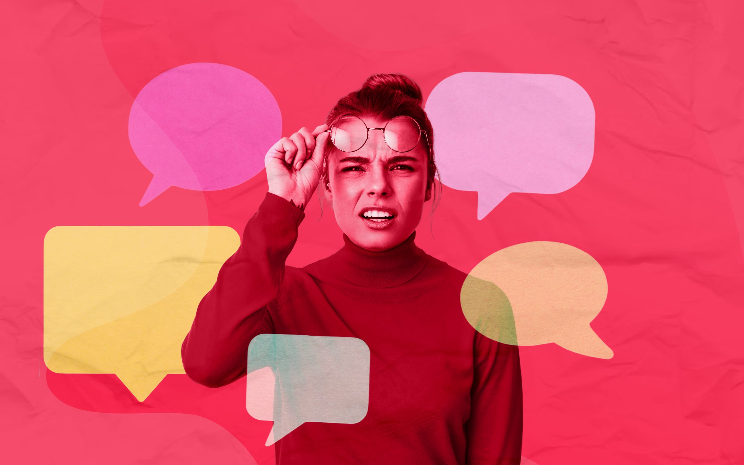 A person surrounded by colorful speech bubbles against a vivid red background, symbolizing workplace communication norms that may unintentionally send mixed signals to new employees, highlighting the importance of clarity, inclusivity, and mindful expression in professional environments.