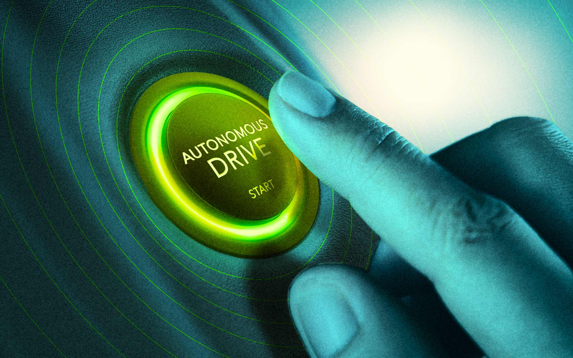 A glowing green button labeled “AUTONOMOUS DRIVE START” being pressed, symbolizing paid robotaxi services and autonomous vehicles initiating self-driving technology for modern transportation.
