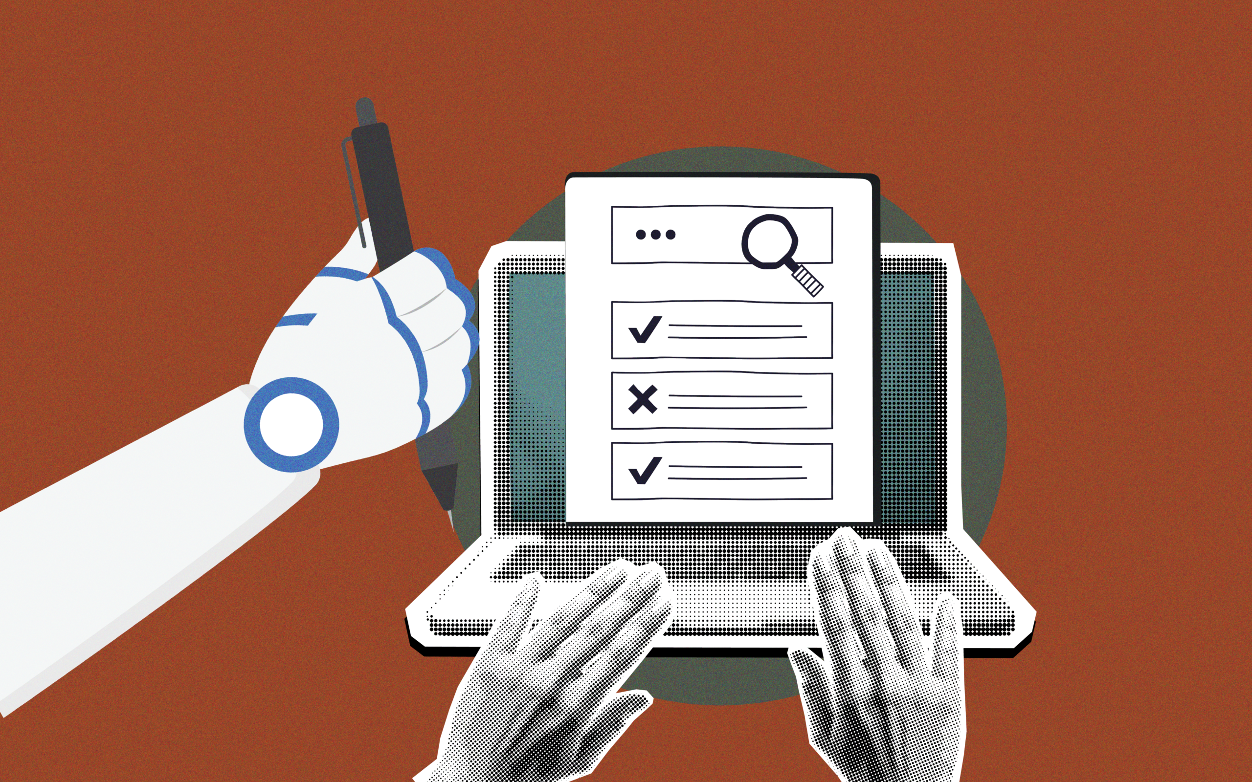 Illustration of a robotic hand holding a pen beside a laptop while human hands interact with the screen, which displays a search bar, magnifying glass and checklist with approval and rejection marks, representing AI-mediated search, content verification and the need for marketers to manage brand authority, message consistency and reputation in AI-generated results.