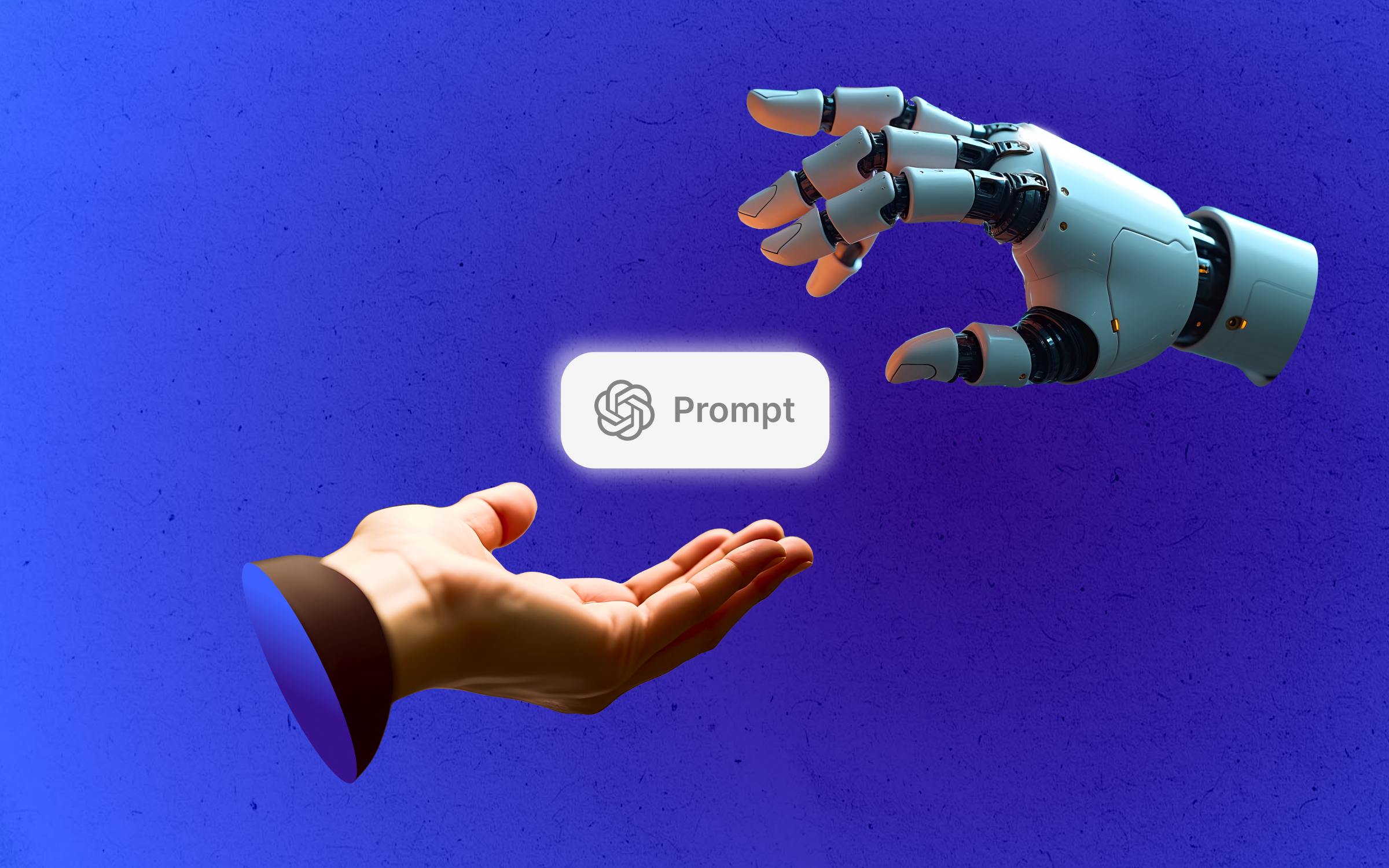 A robotic hand reaching out to a human hand, with a glowing "Prompt" button floating between them. The button features the ChatGPT / OpenAI logo. It represents collaboration between humans and AI, interfaces, point of connection, thoughts, interactions, the dialogue between human creativity and machine intelligence, agency, accessibility, and co-creation.