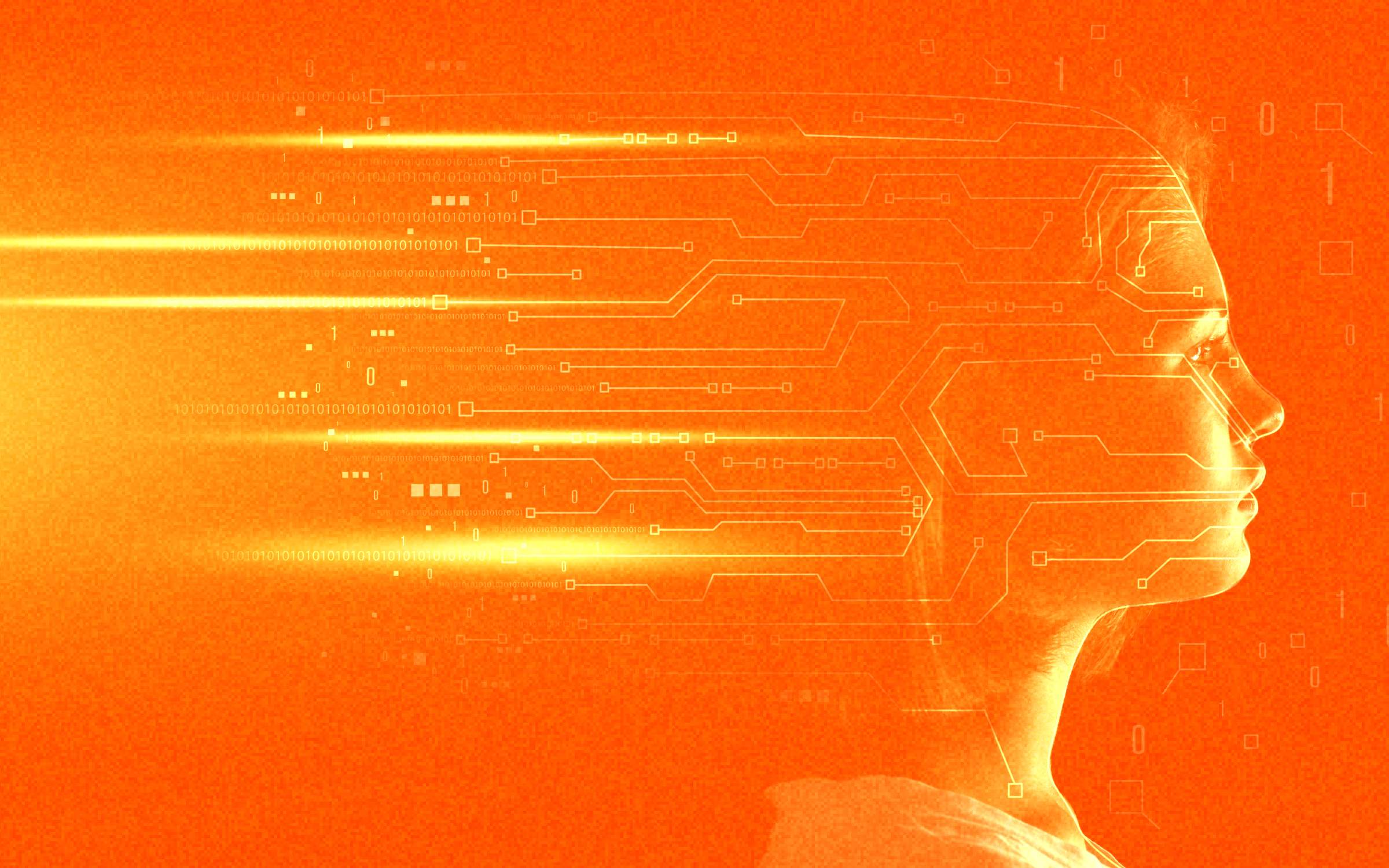 A side profile of a human head faces glowing circuit-like lines extending outward, set against a vibrant orange background. The image reflects themes of artificial intelligence, cognitive augmentation, neural networks, and digital transformation. It symbolizes the fusion of human thought with AI systems—where identity, perception, and intelligence evolve through machine-enhanced cognition and adaptive digital interfaces.