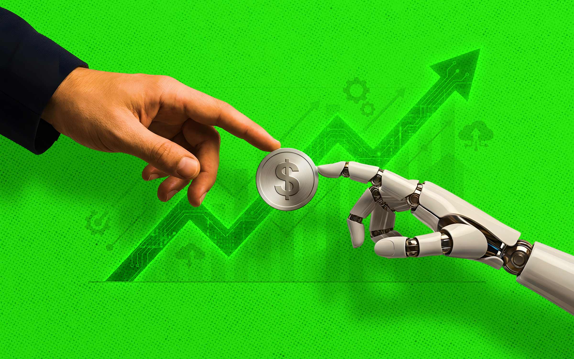A human hand and a robotic hand reach toward a dollar coin against a green background with an upward arrow, symbolizing the economics of building AI companies and fundraising through collaboration between human decision‑making and technological innovation.