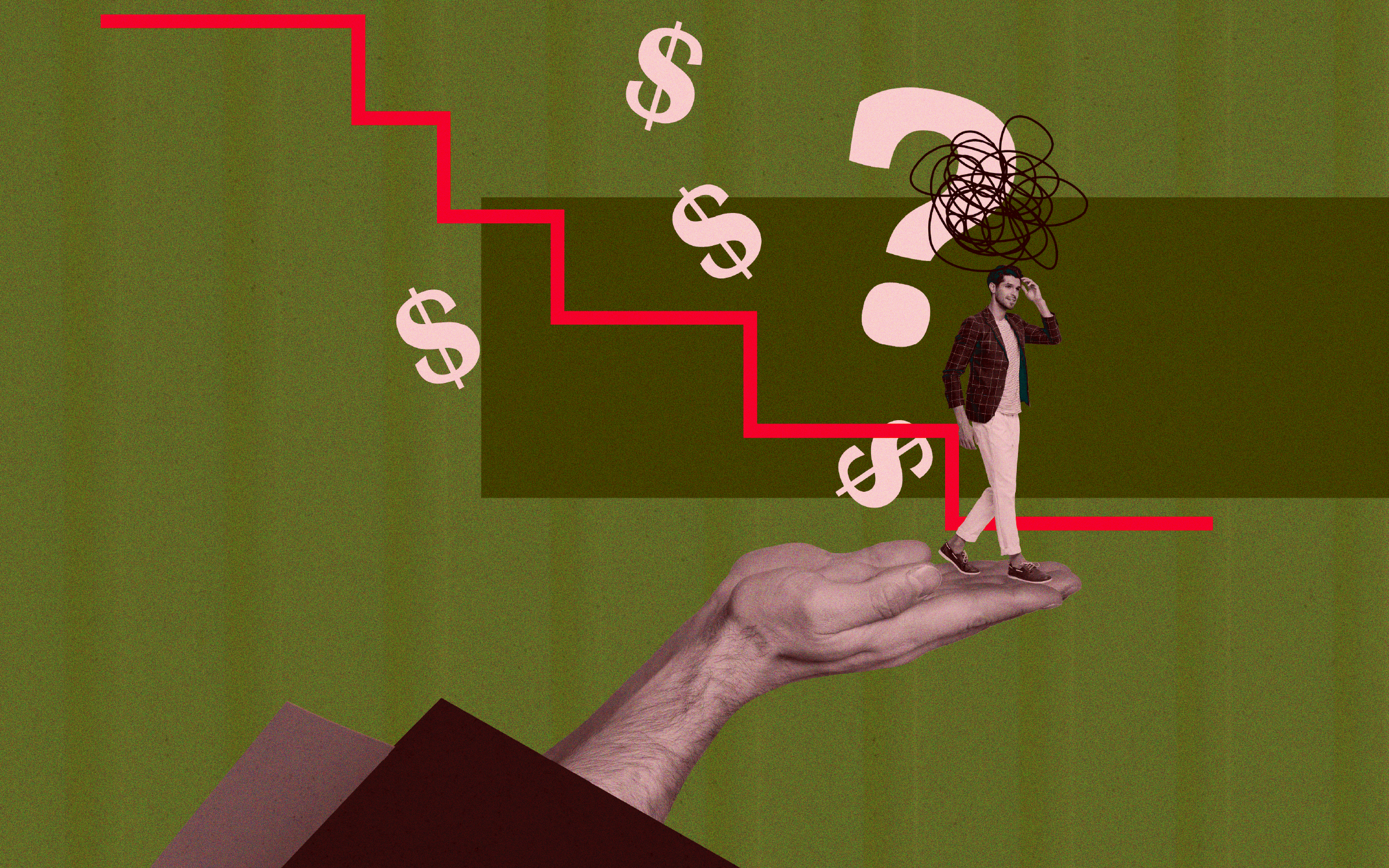 Conceptual illustration of a cost-conscious buyer standing on an outstretched hand beneath a red downward-stepping line, surrounded by dollar signs and a large question mark with a tangled scribble above his head, symbolizing financial pressure, price sensitivity and uncertainty over whether a purchase delivers enough value.