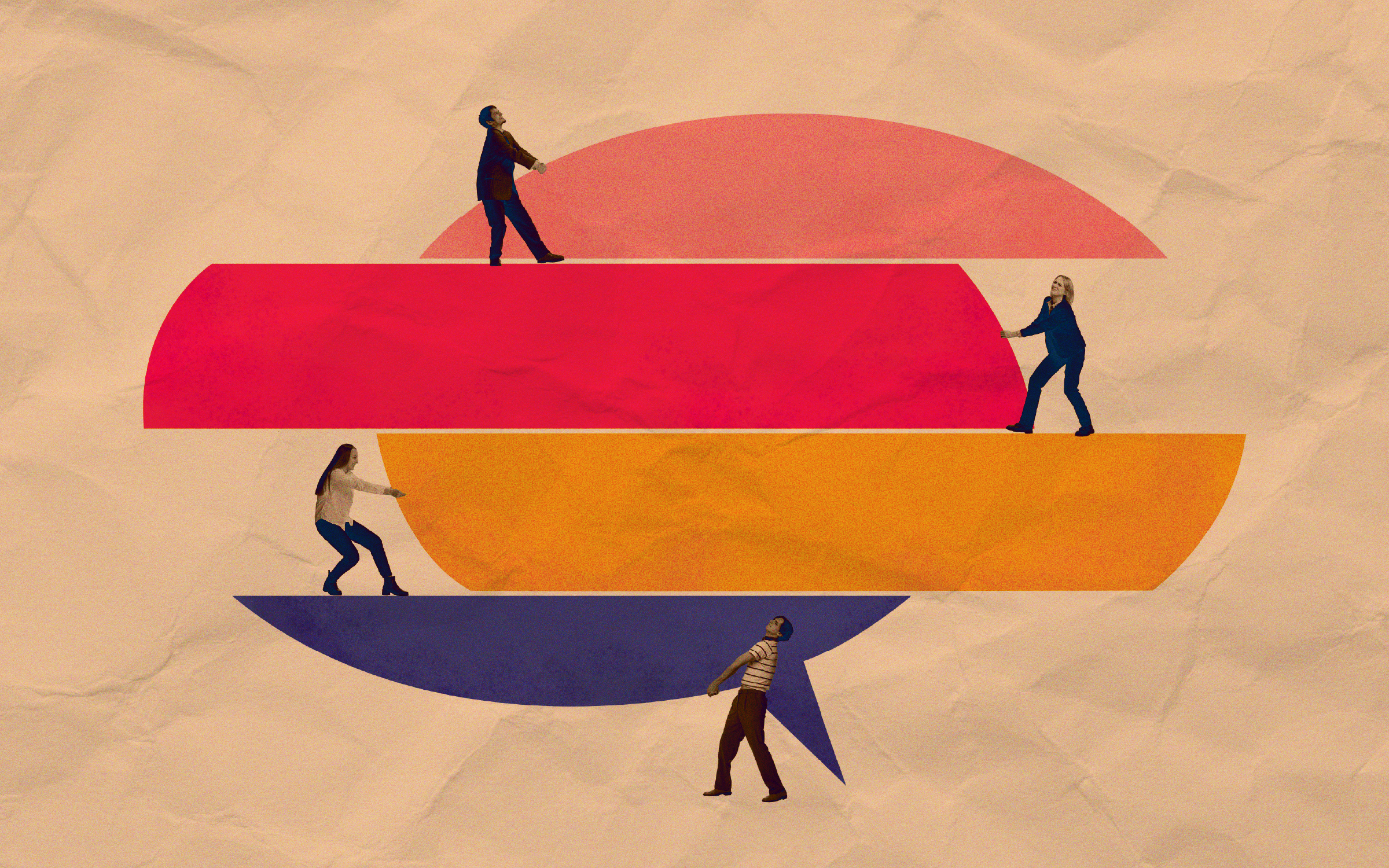 Illustration of four people positioned around a speech bubble made up of four layered, multicolored sections, offset horizontally. Each person is pushing or pulling their section, suggesting the challenge of maintaining brand consistency across teams, channels and customer touchpoints.